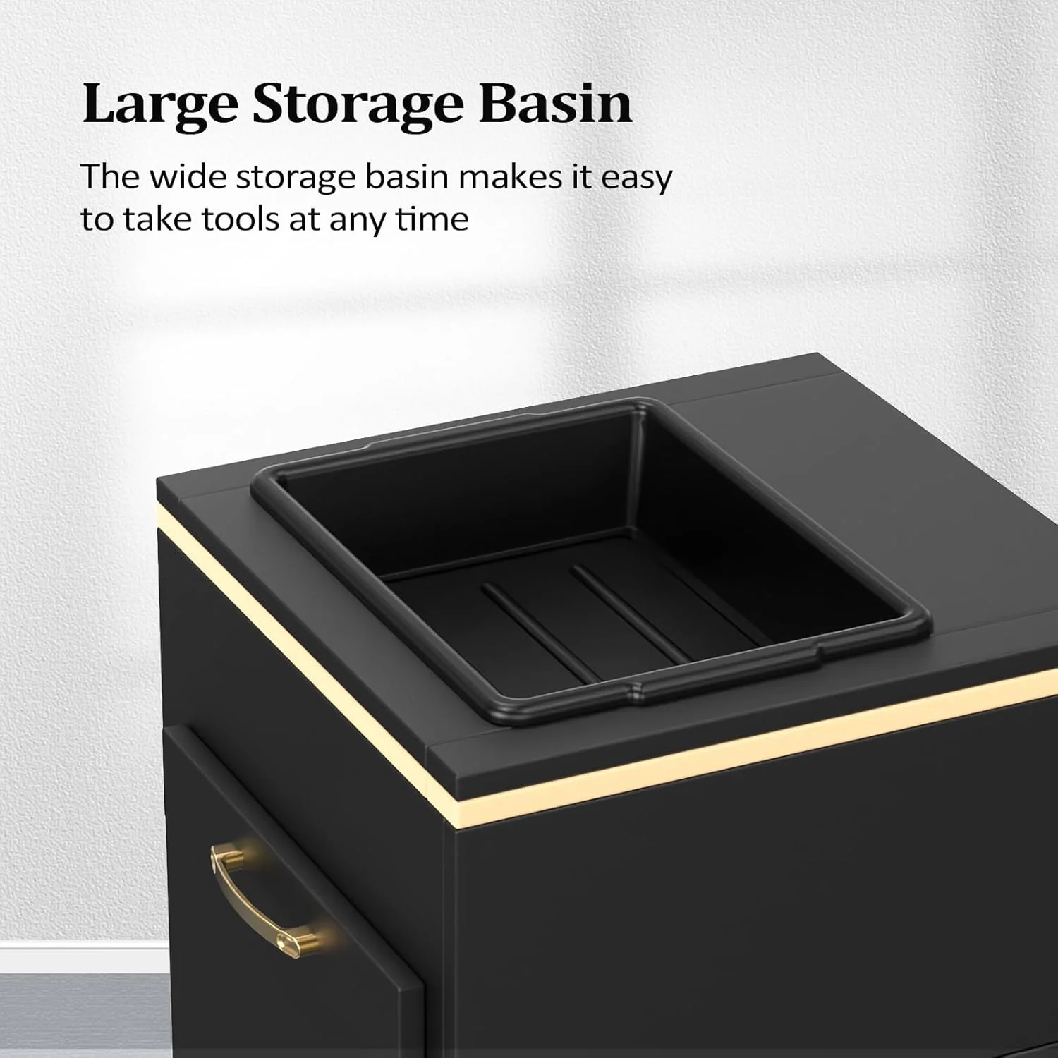 OmySalon Estación de Almacenamiento para Salones – Mueble de Peluquería con 3 Cajones, Compartimento de Almacenamiento y 3 Soportes para Secadores – Color Oro Blanco