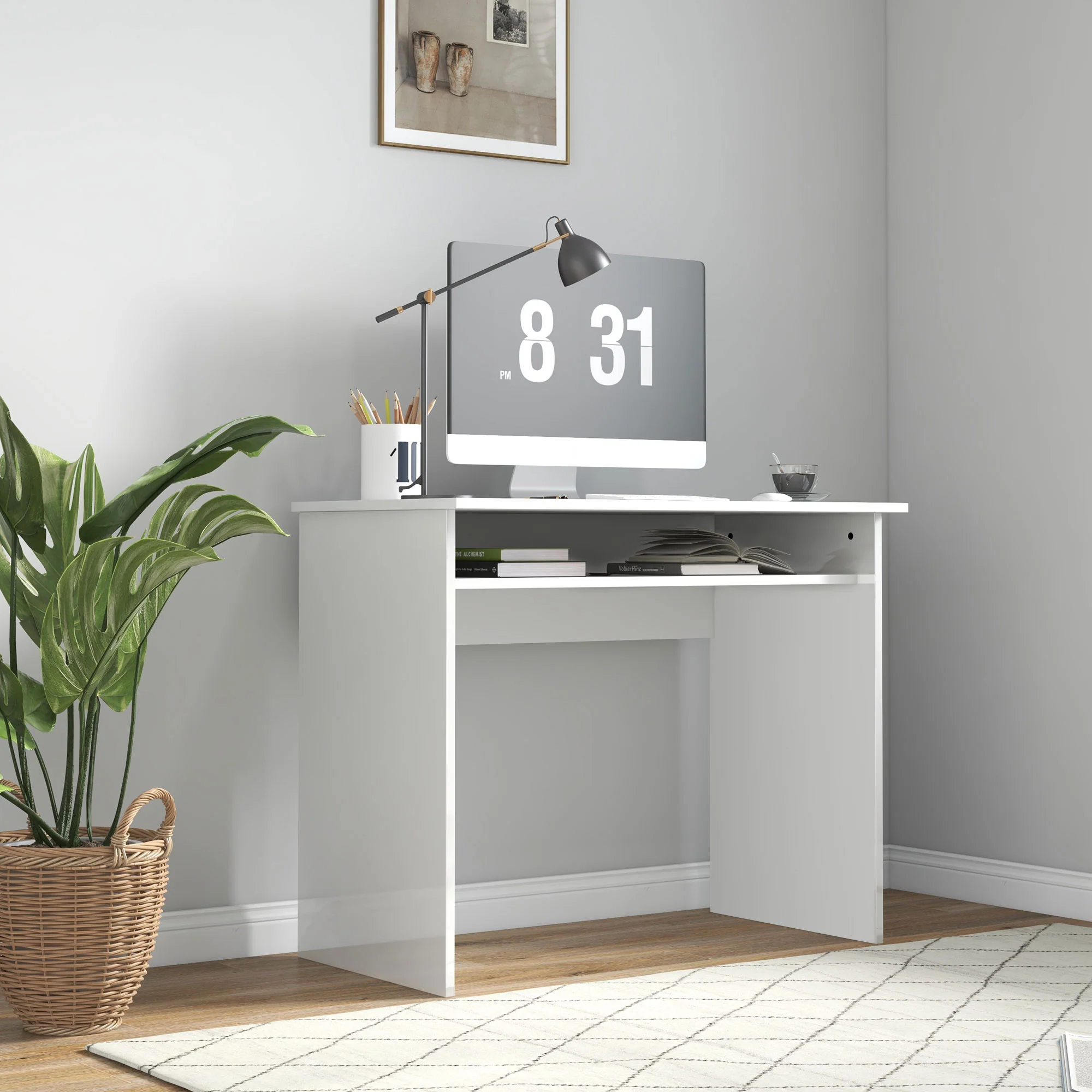 Escritorio de Ordenador Moderno, Escritorio Pequeño con Estante de Almacenamiento, 90 x 50 cm, Blanco Brillante