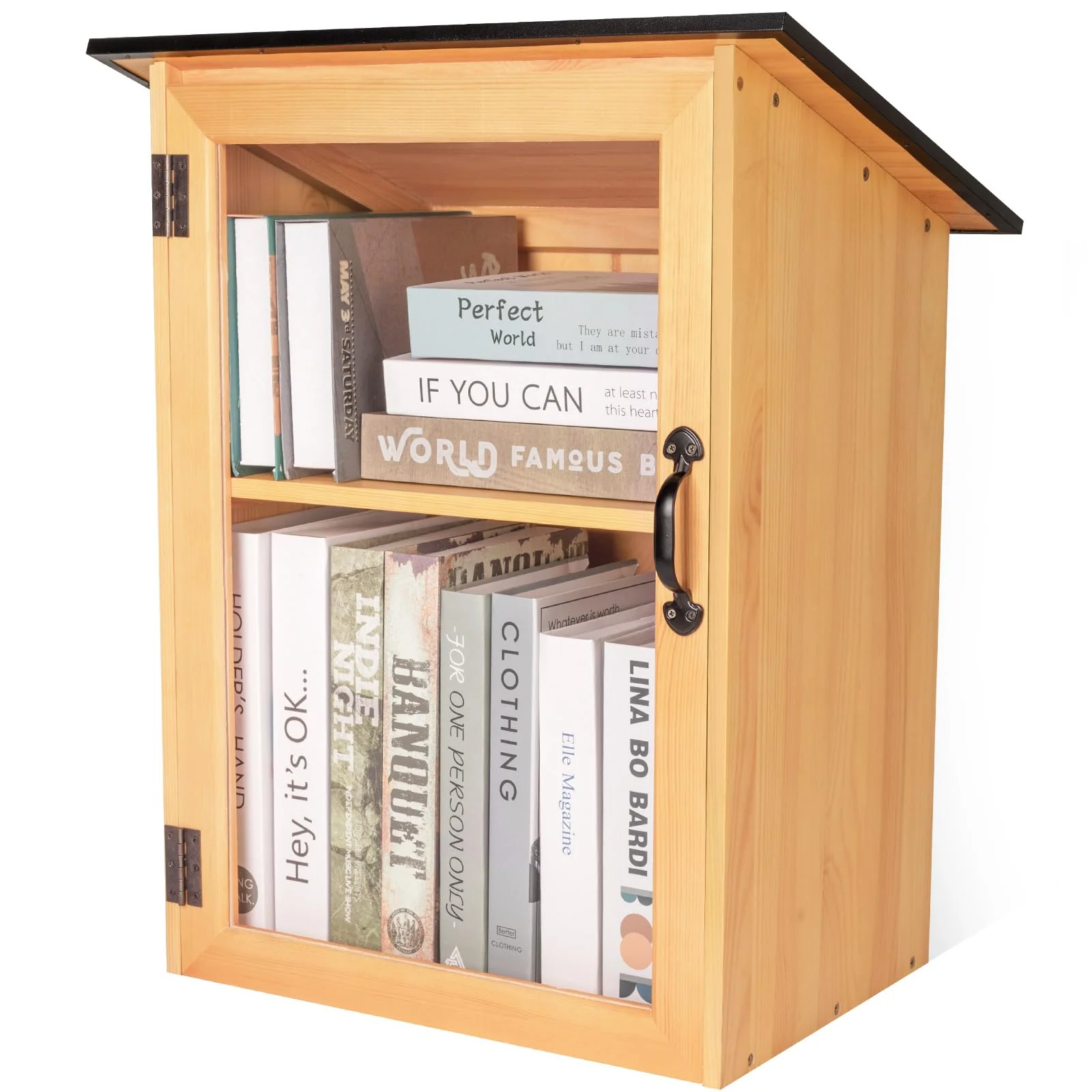 Caja de libros exterior con puertas dobles y estante para intercambio comunitario de libros