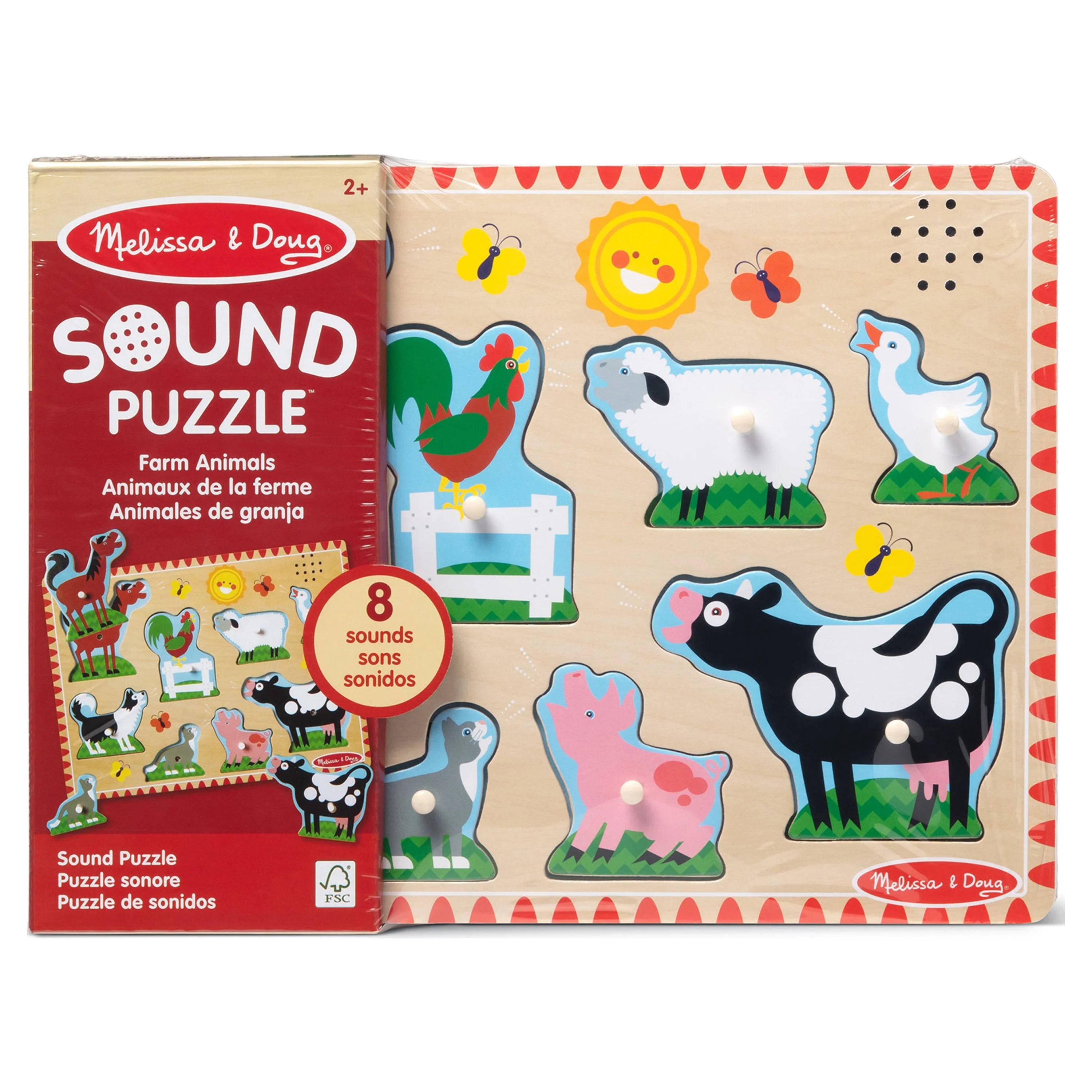 Melissa & Doug Rompecabezas Sonoro de Animales de Granja – Rompecabezas de Madera con Clavijas y Efectos de Sonido (8 piezas)