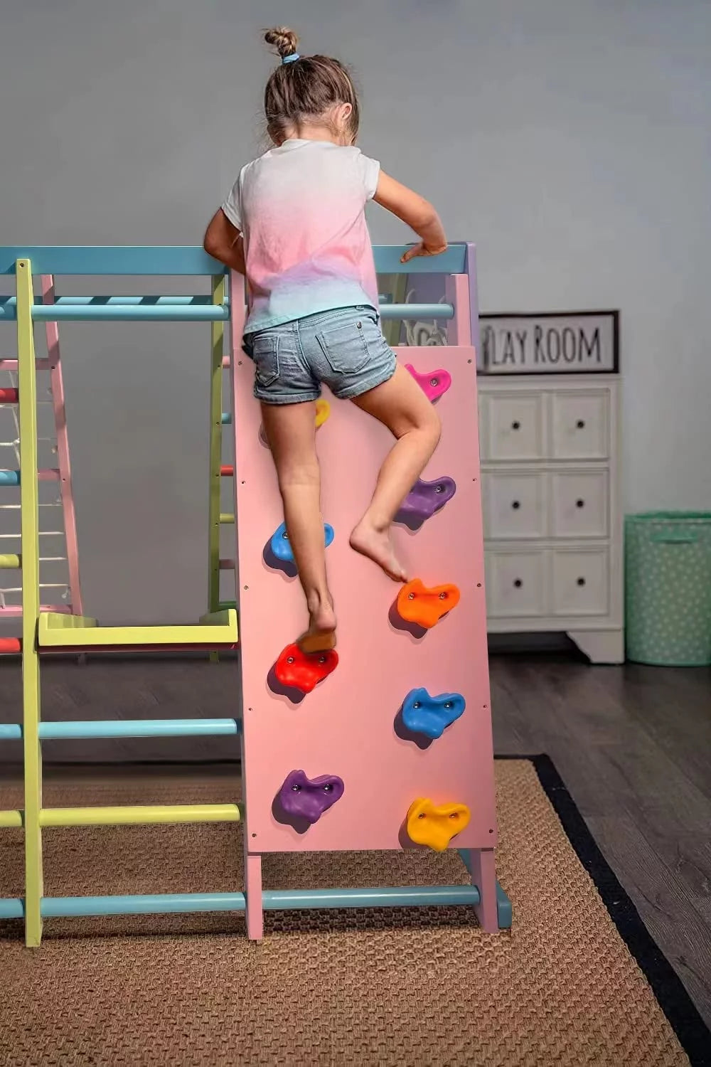Avenlur Magnolia Parque Infantil Interior Gimnasio Jungle 6 en 1 Estilo Montessori Waldorf Juego de Escalada de Madera con Tobogán, Pared de Escalada, Escalera de Cuerda, Barras de Mono y Columpio para Niños de 2 a 6 años