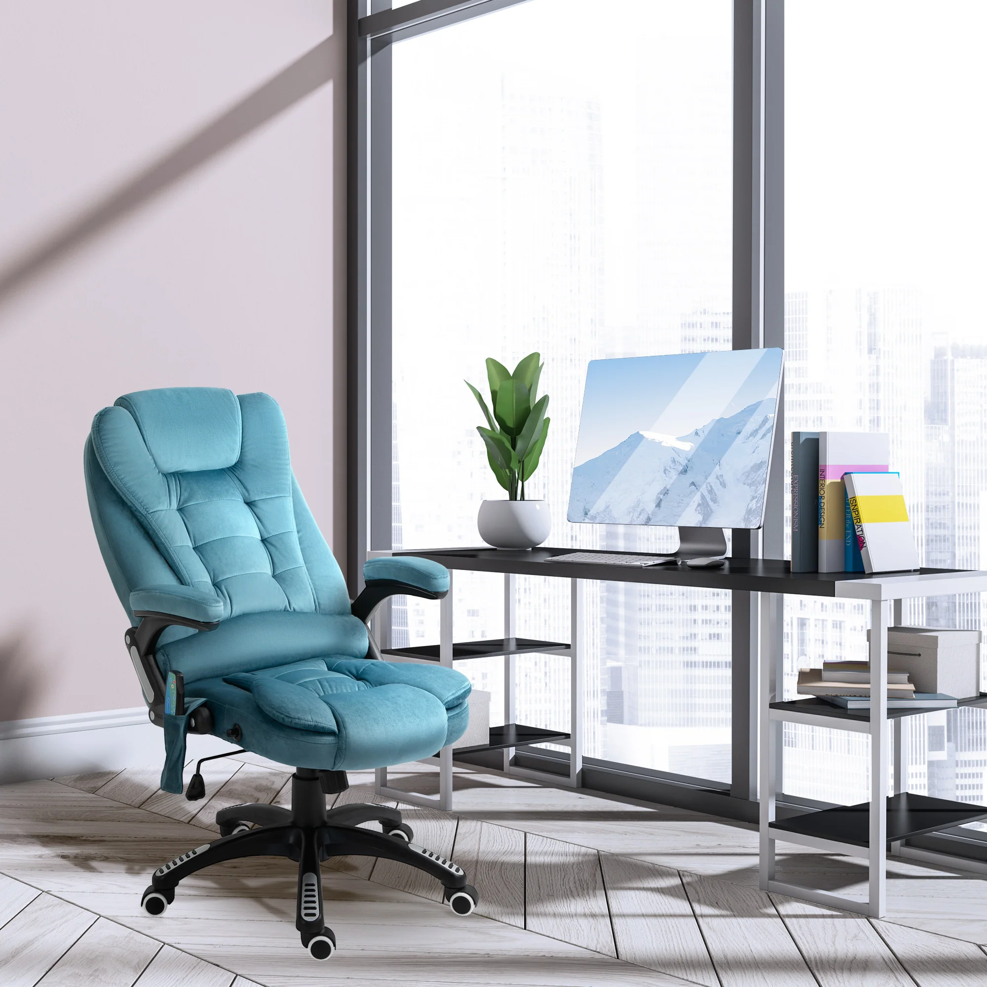 Silla de Oficina Ergonómica con Masaje de 6 Puntos y Calefacción en la Espalda, Tela Tipo Terciopelo, Azul