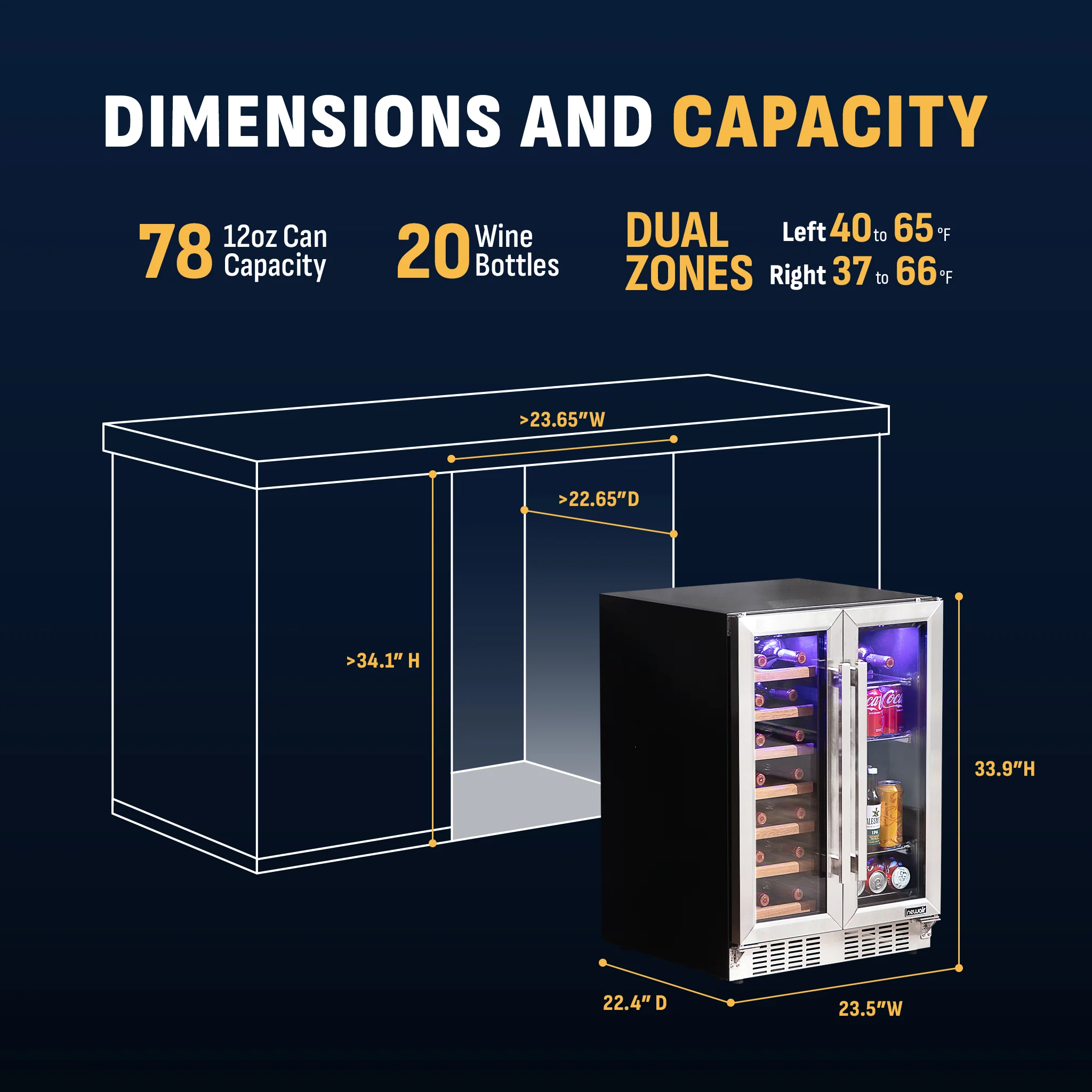 2025 Refrigerador para Vinos y Bebidas Newair – Doble Zona con Puertas Francesas (24 pulgadas)