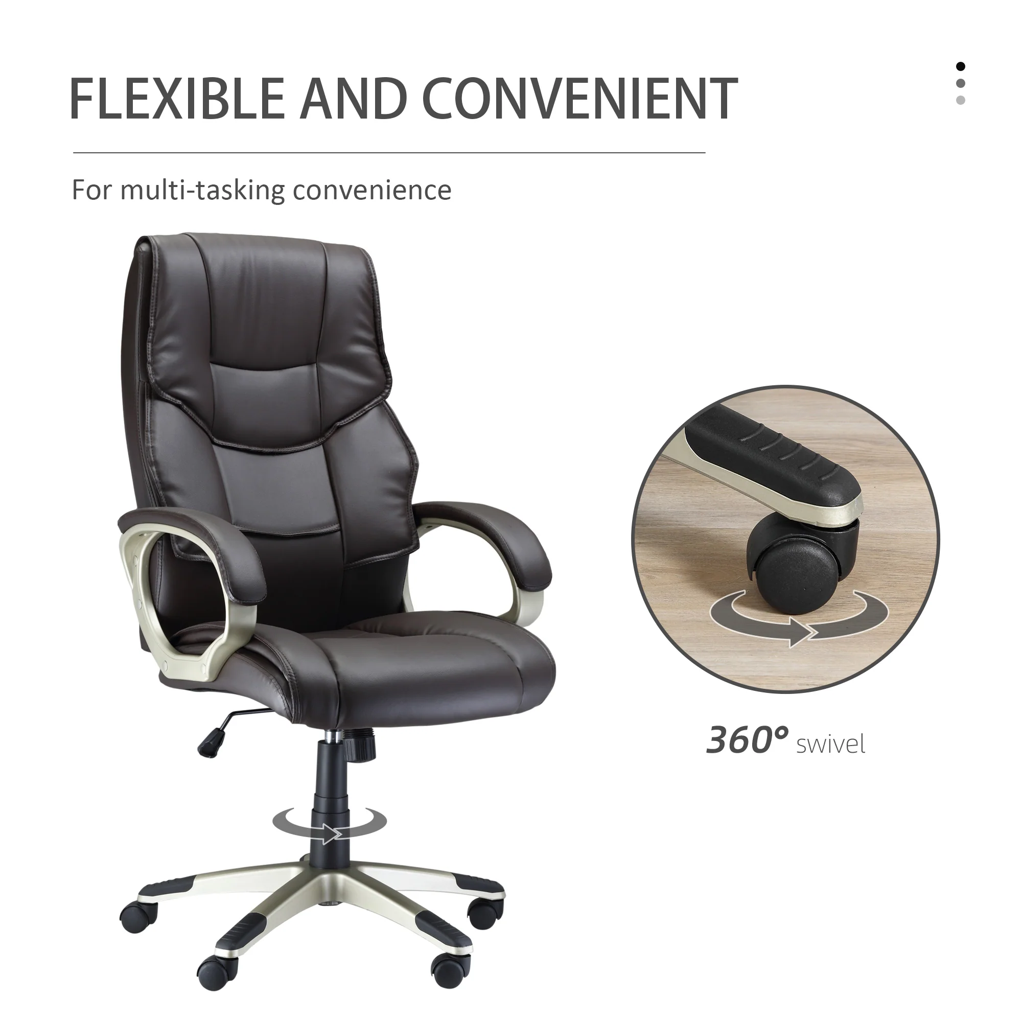 Silla de Oficina con Respaldo Alto, Sillón Giratorio de Cuero Sintético con Altura Ajustable, Marrón