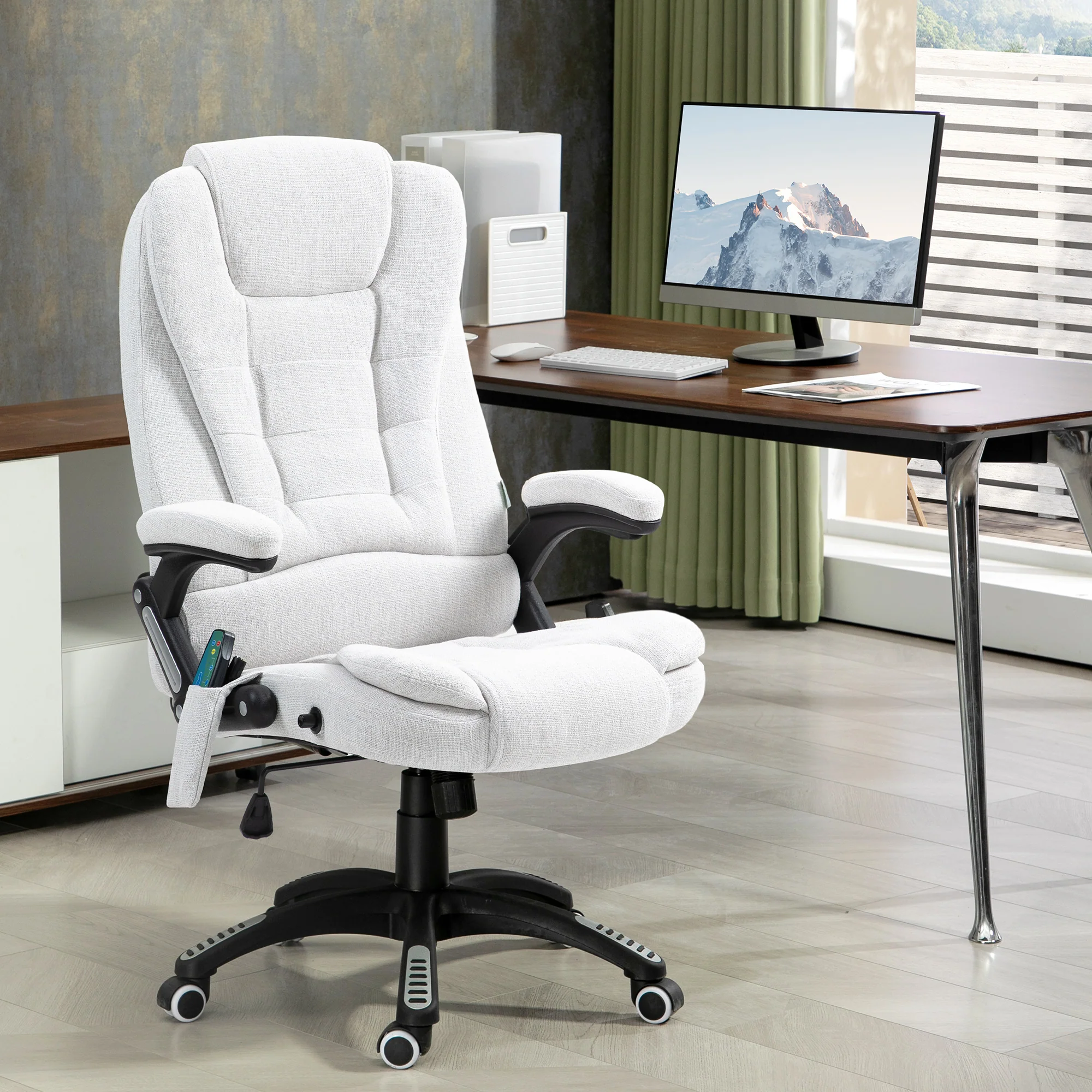 Silla de Oficina Ergonómica con Masaje de 6 Puntos y Calefacción en la Espalda, Tela Tipo Lino, Blanco Crema