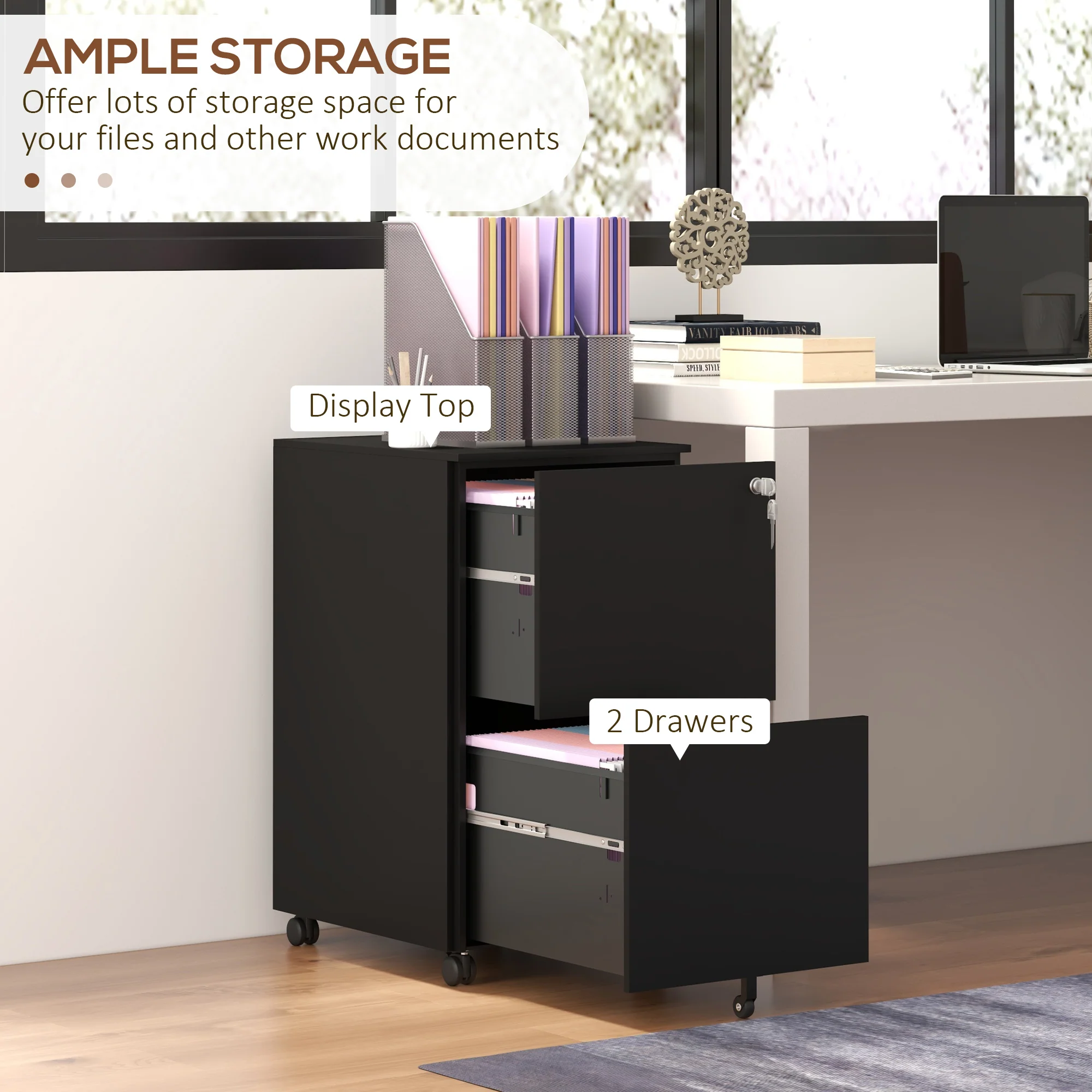 Archivador Móvil de Acero con 2 Cajones y Cerradura, Mueble de Oficina para Debajo del Escritorio, Negro
