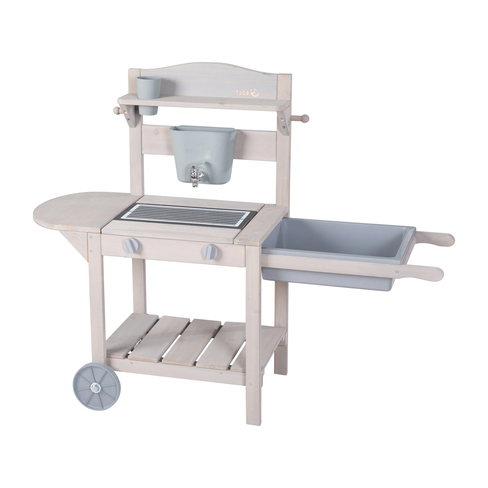 Cocina móvil de juego y barro con BBQ para niños - Madera certificada FSC - Acabado en gris grabado