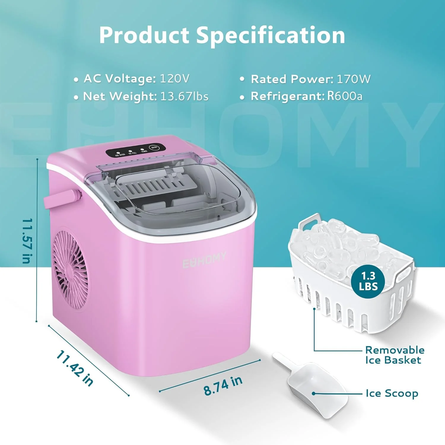 2025 Máquina de hielo portátil EUHOMY 12'' Rosa – Ultra silenciosa con asa