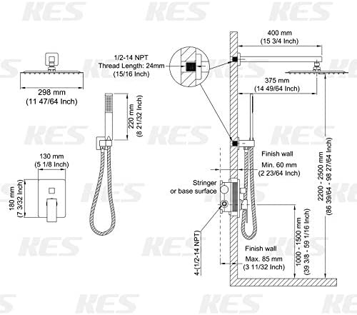 Sistema de Ducha KES con Cabezal de Ducha Rain de 12 Pulgadas