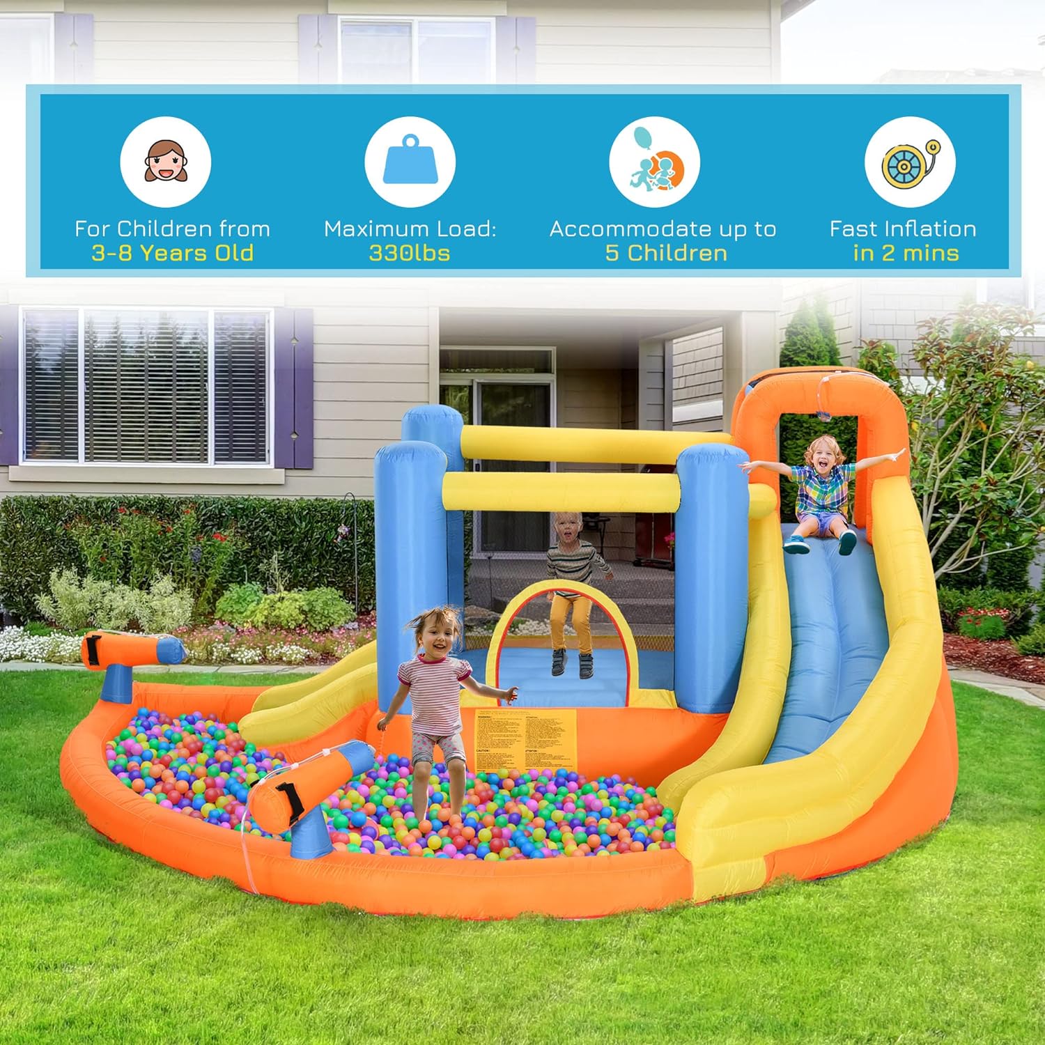 Tobogán de Agua Inflable para Niños 5 en 1 con Castillos Inflables, Piscina de Agua, Tobogán, Paredes para Escalar y 2 Cáñones de Agua, Soplador de Aire de 450W