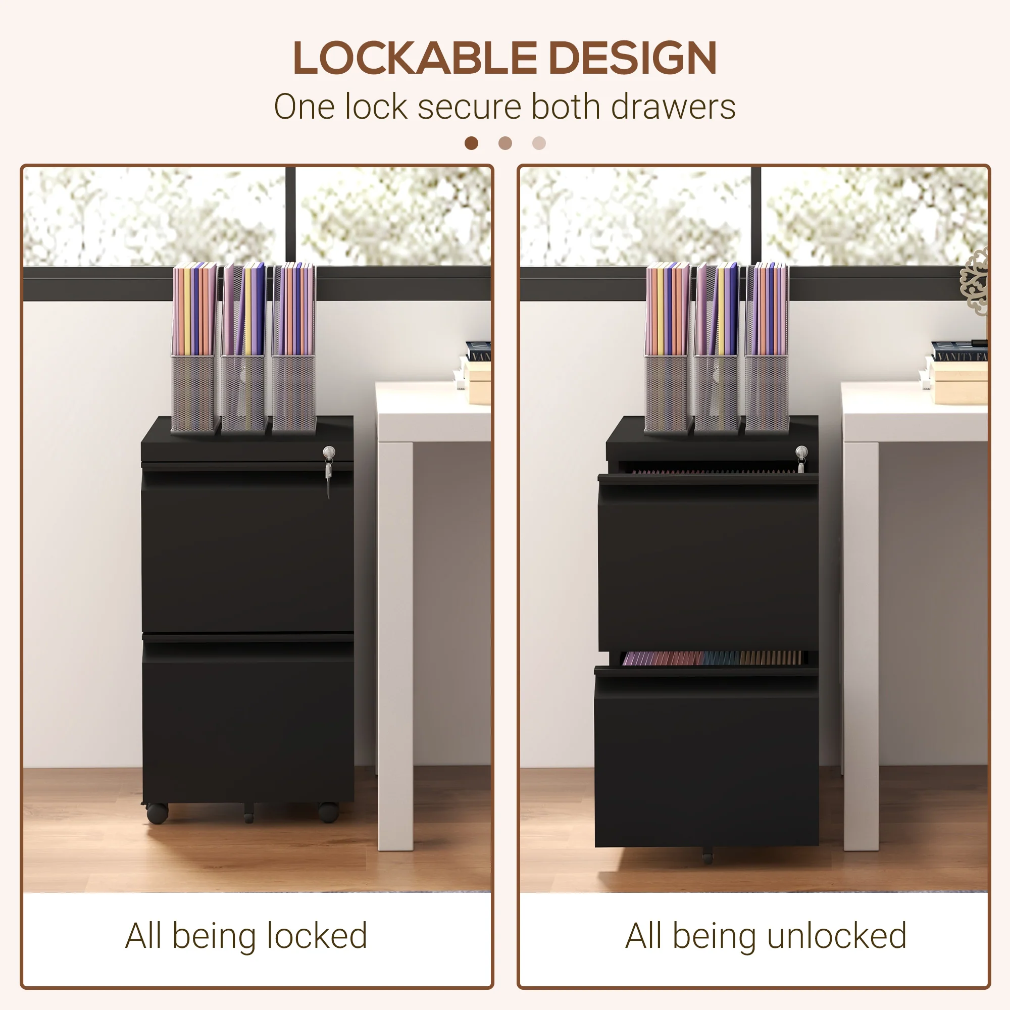 Archivador Móvil con 2 Cajones, Mueble de Archivo Cerrable de Acero, Cuerpo Preensamblado, Negro