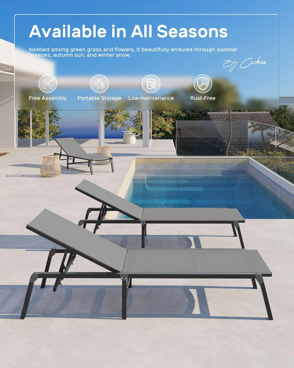 Tumbona de Aluminio para Exterior – Silla de Jardín Plegable sin Montaje, con Respaldo Ajustable en 5 Posiciones, para Terraza, Piscina, Playa – Negra