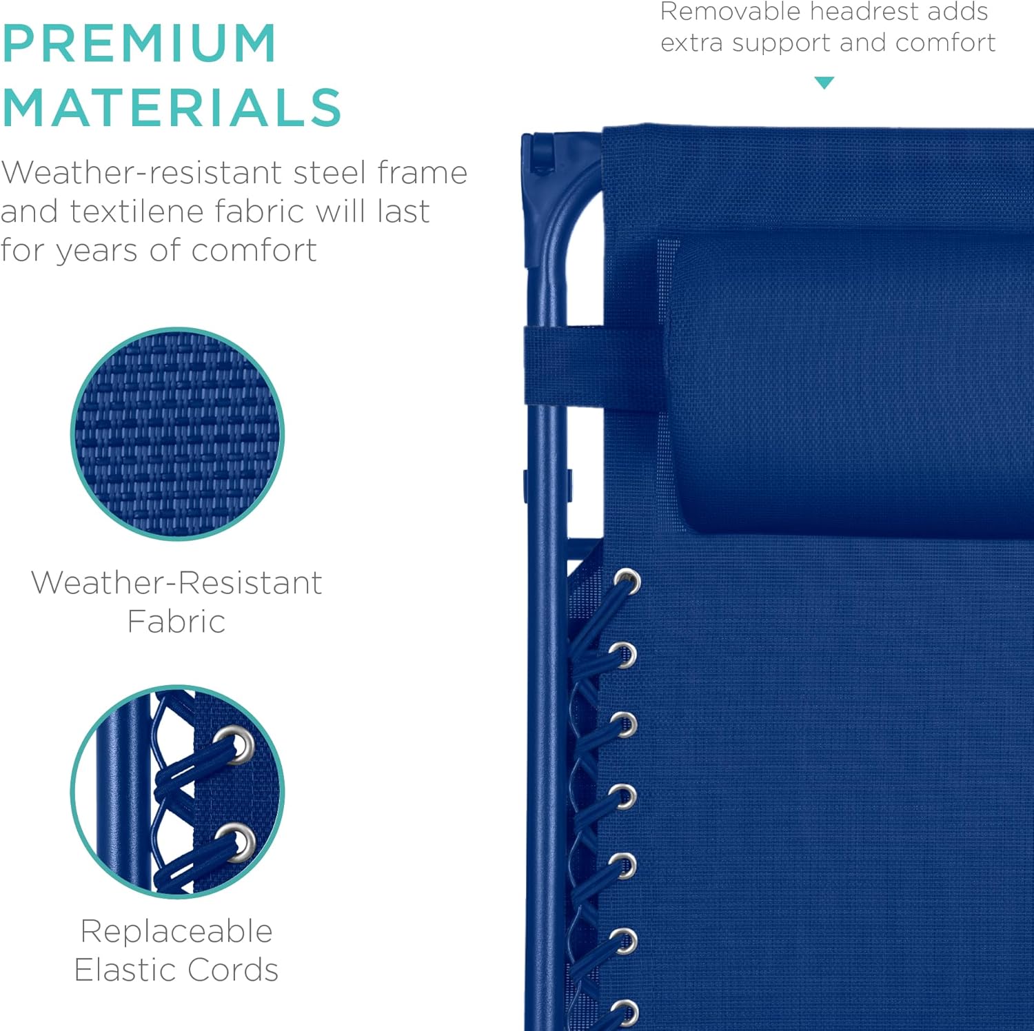 Best Choice Products – Silla Reclinable de Patio con Gravedad Cero, Ajustable y Plegable para Exteriores con Dosel, Almohada Cervical y Bandeja Lateral, Textileno – Azul Pavo Real