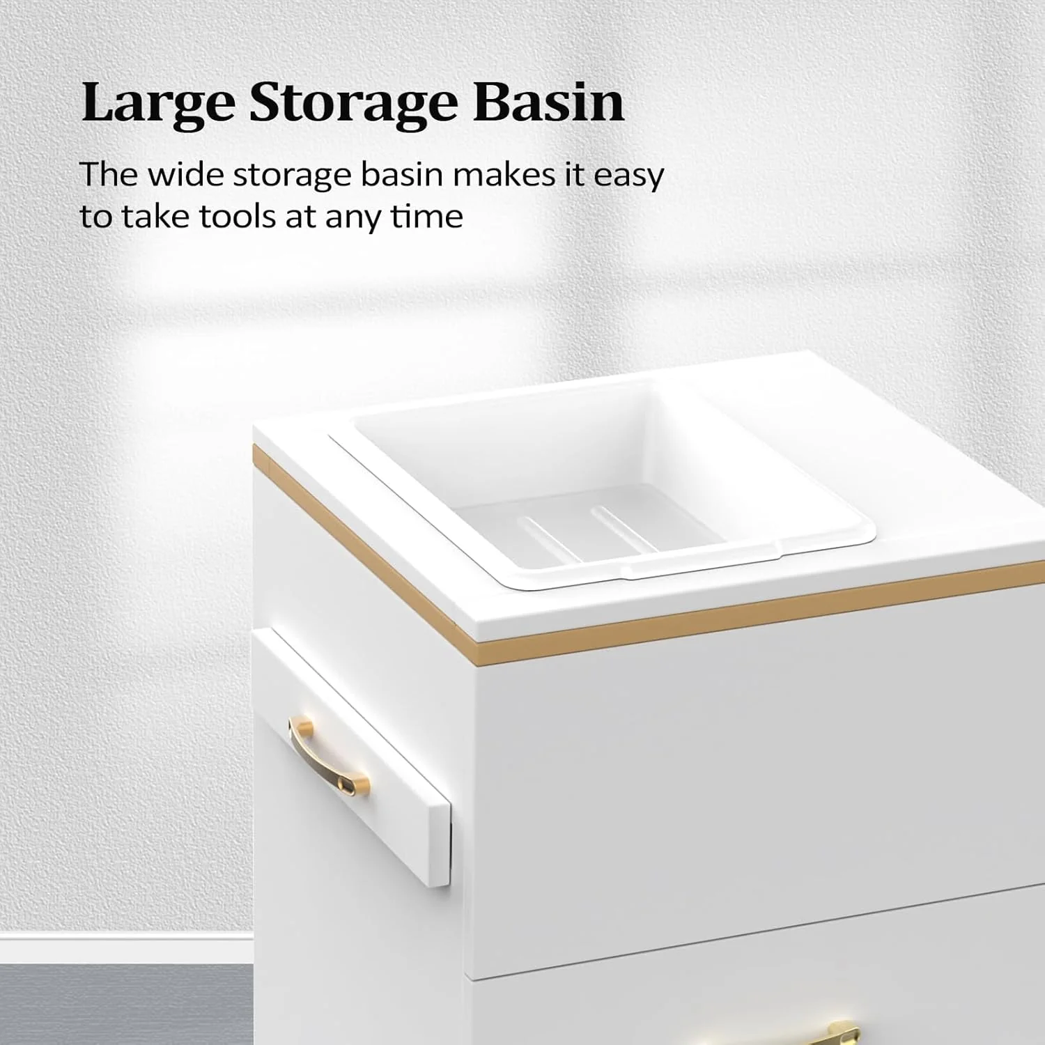 OmySalon Estación de Almacenamiento para Salones – Mueble de Peluquería con 3 Cajones, Compartimento de Almacenamiento y 3 Soportes para Secadores – Color Oro Blanco