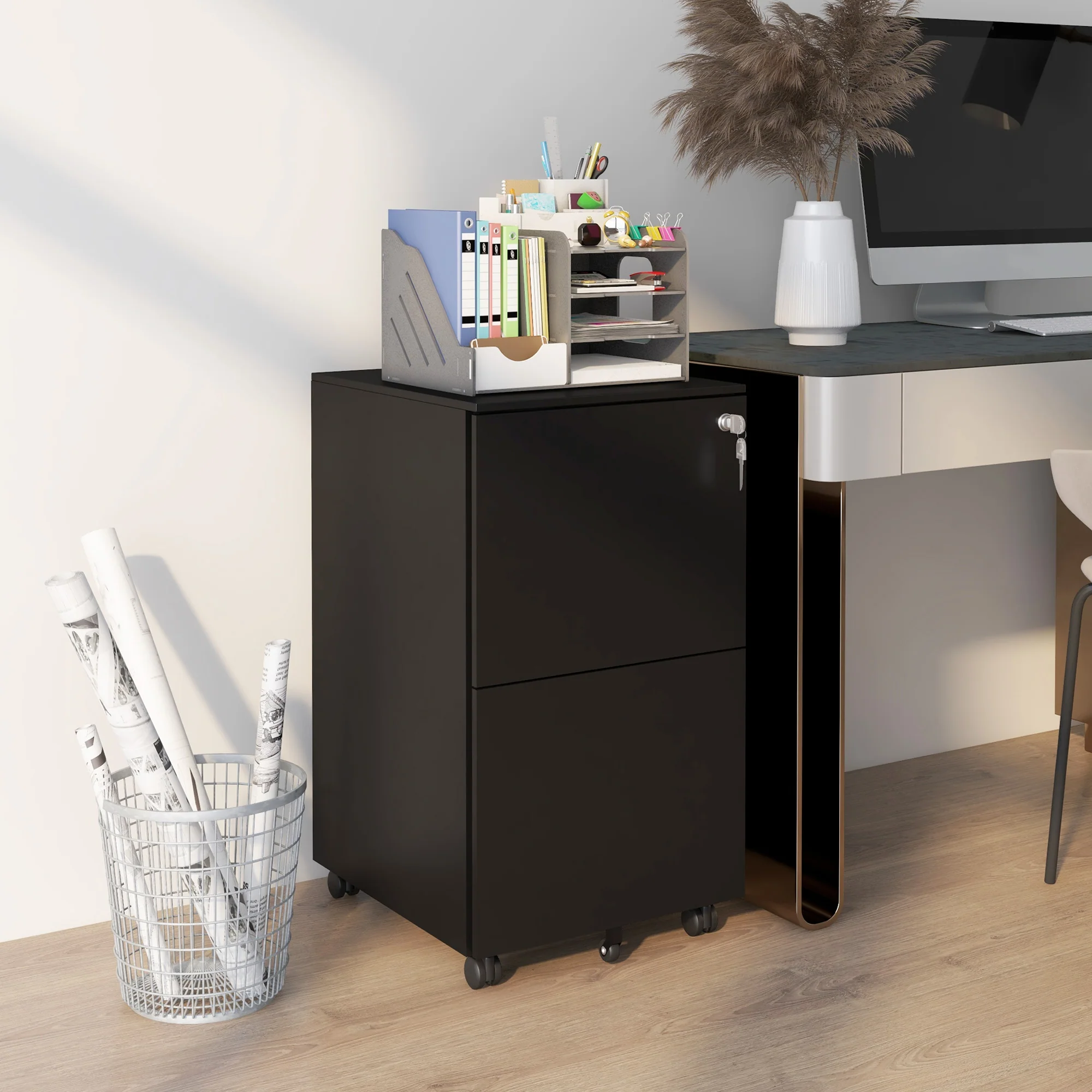 Archivador Móvil de Acero con 2 Cajones y Cerradura, Mueble de Oficina para Debajo del Escritorio, Negro