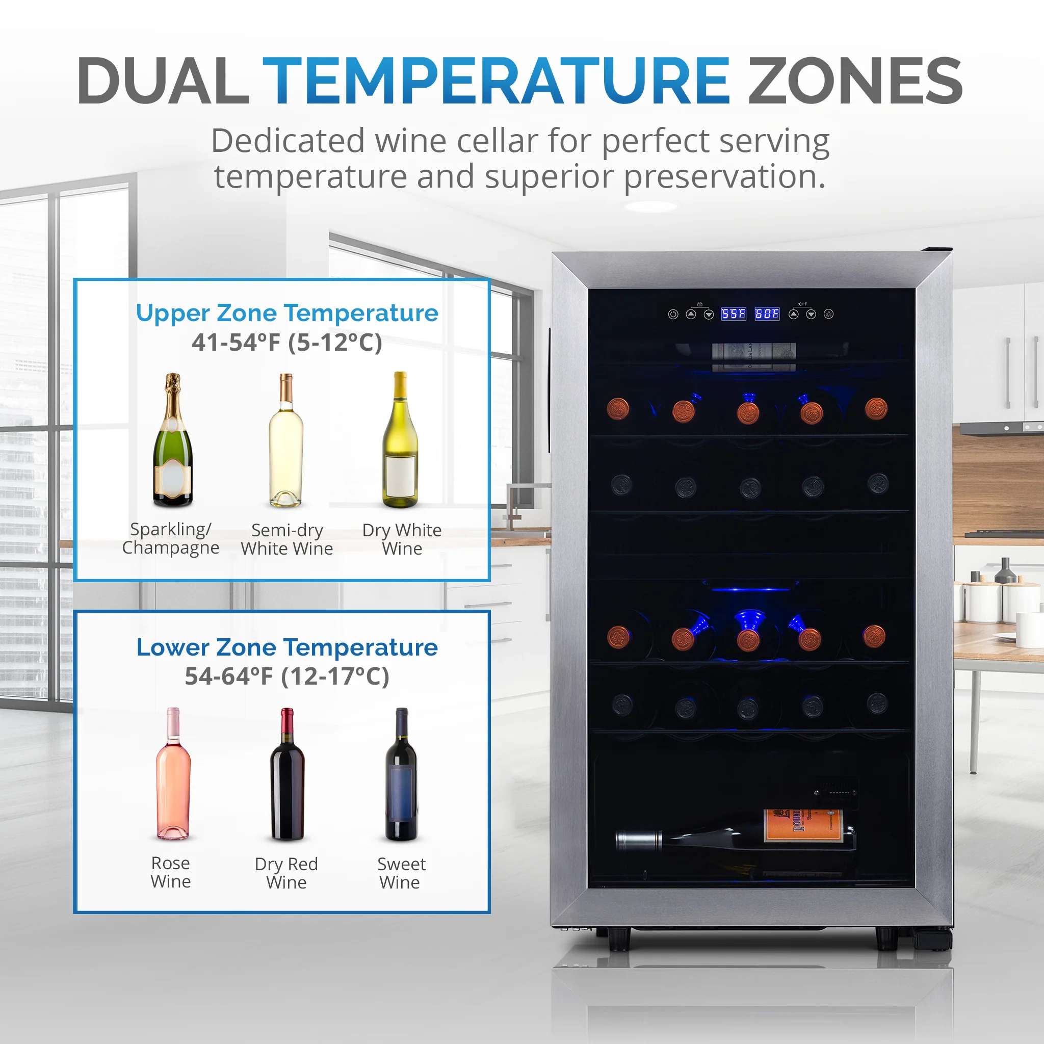 2025 Refrigerador de Vinos Independiente Newair® – 28 Botellas (48 cm), Doble Zona, Acero Inoxidable