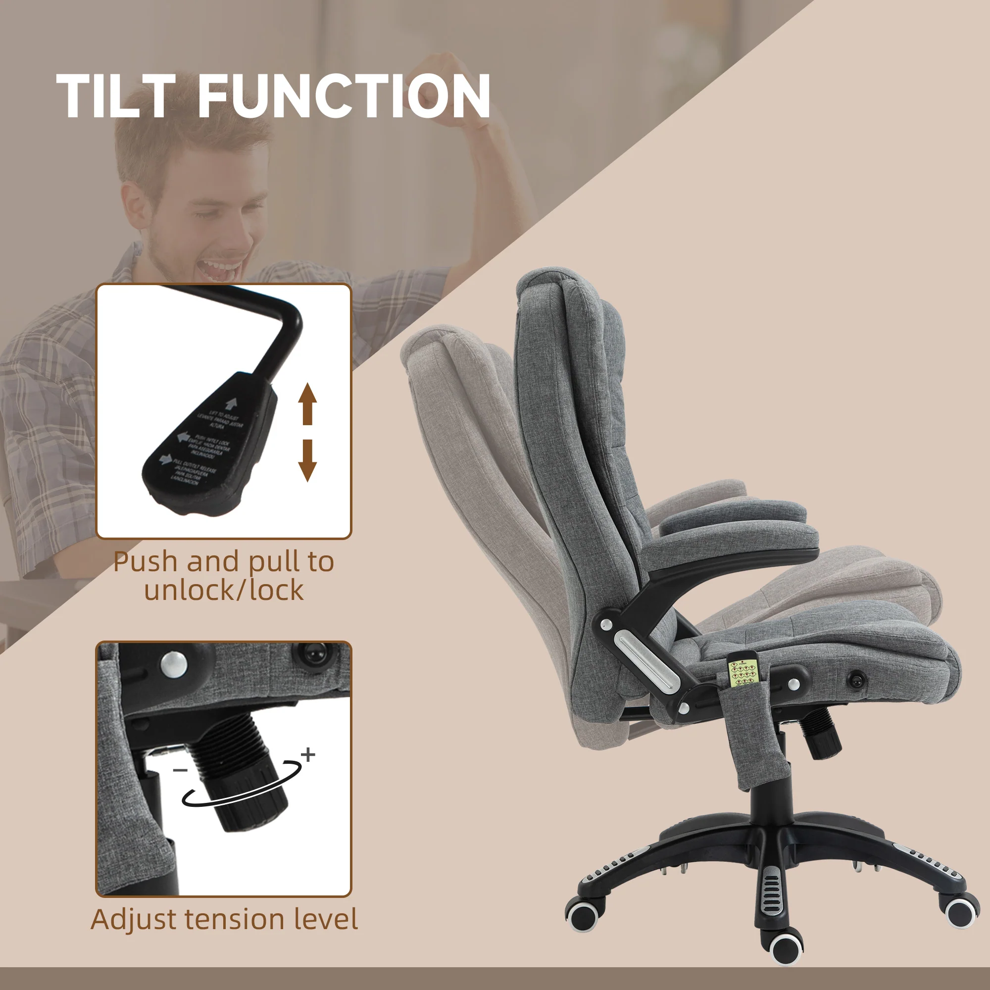 Silla de Oficina Ergonómica con Masaje de 6 Puntos y Calefacción en la Espalda, Tela Tipo Lino, Gris