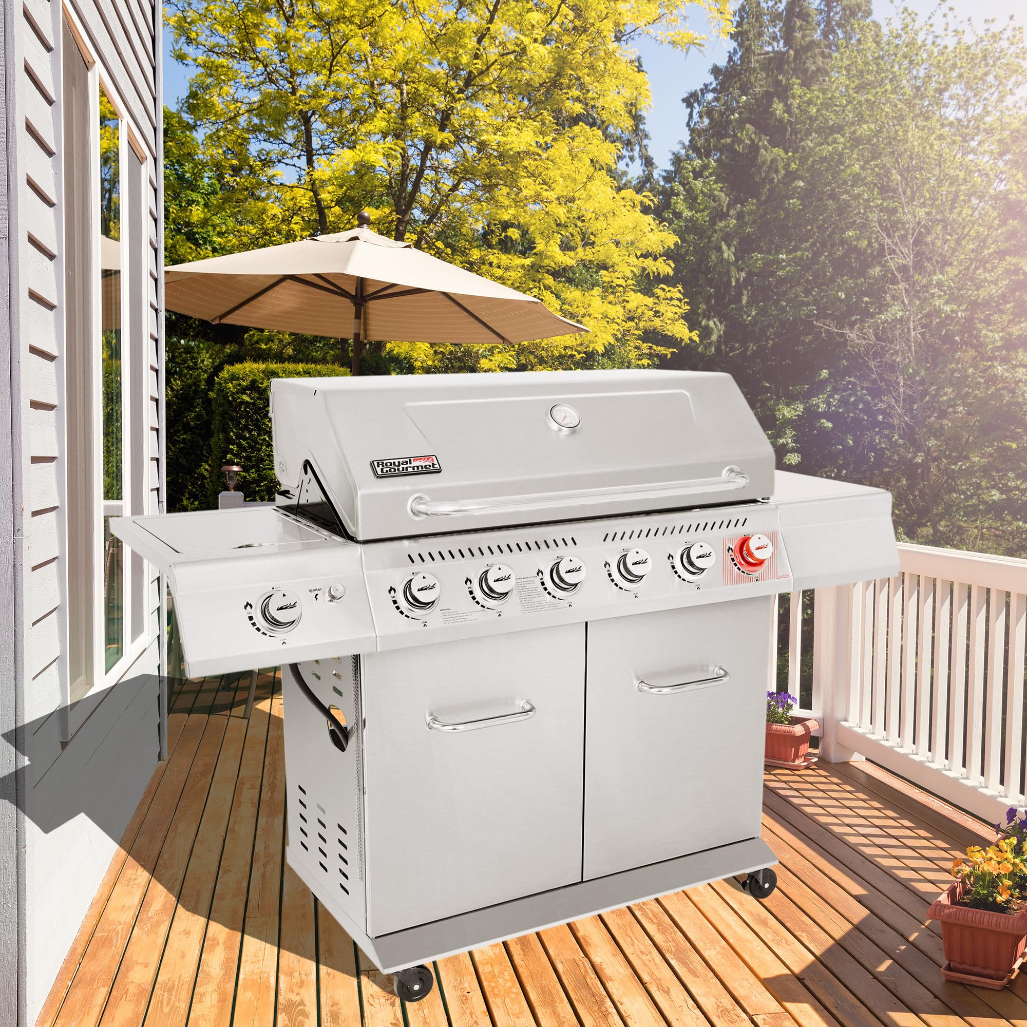 2025 Parrilla a Gas Royal Gourmet GA6402S de Acero Inoxidable, Parrilla Propana Premier de 6 Quemadores con Quemador para Sellar y Quemador Lateral, 74,000 BTU, Estilo Gabinete, Parrilla para BBQ al Aire Libre, Plata