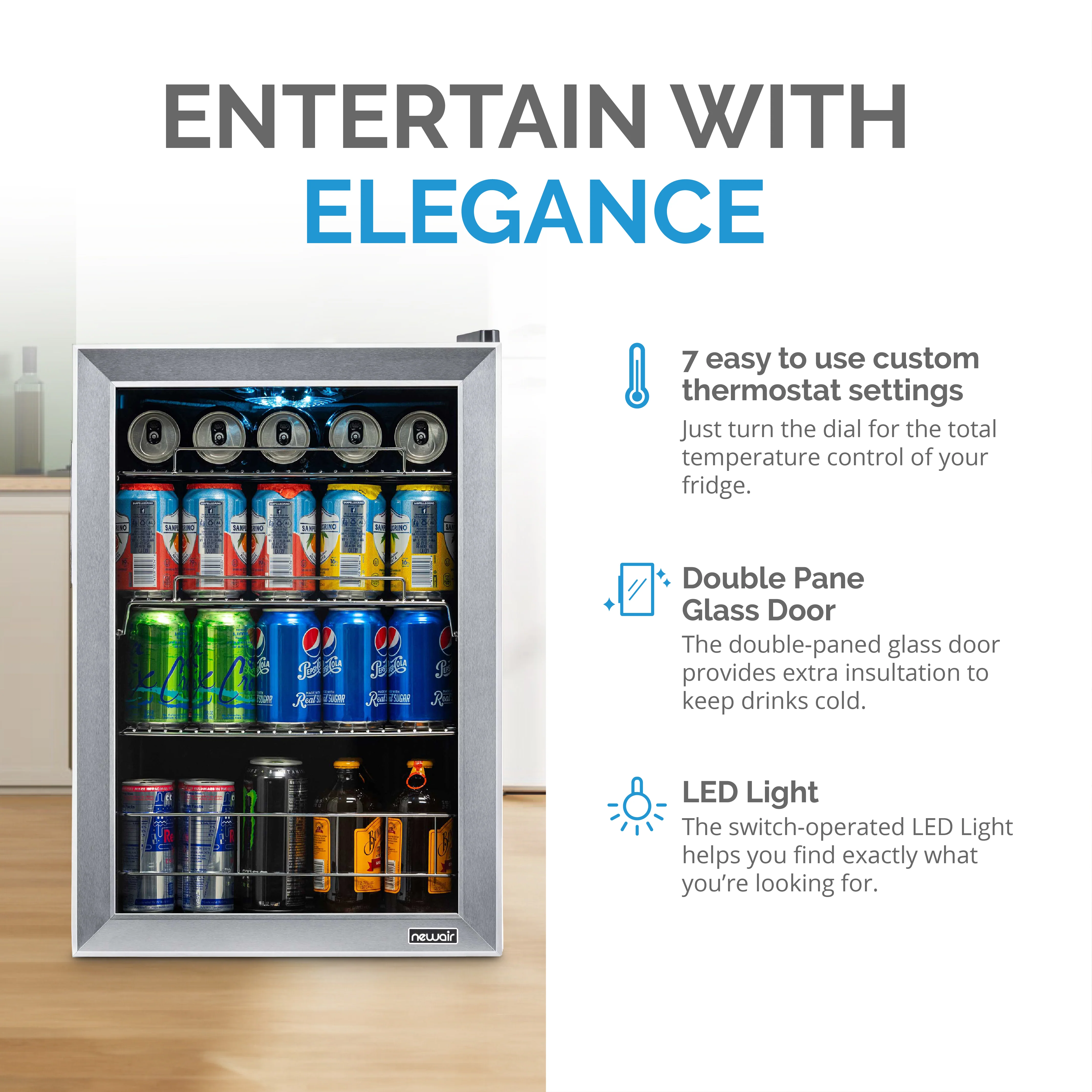 2025 Newair® Refrigerador de Bebidas Independiente de Acero Inoxidable – 90 Latas – 17”