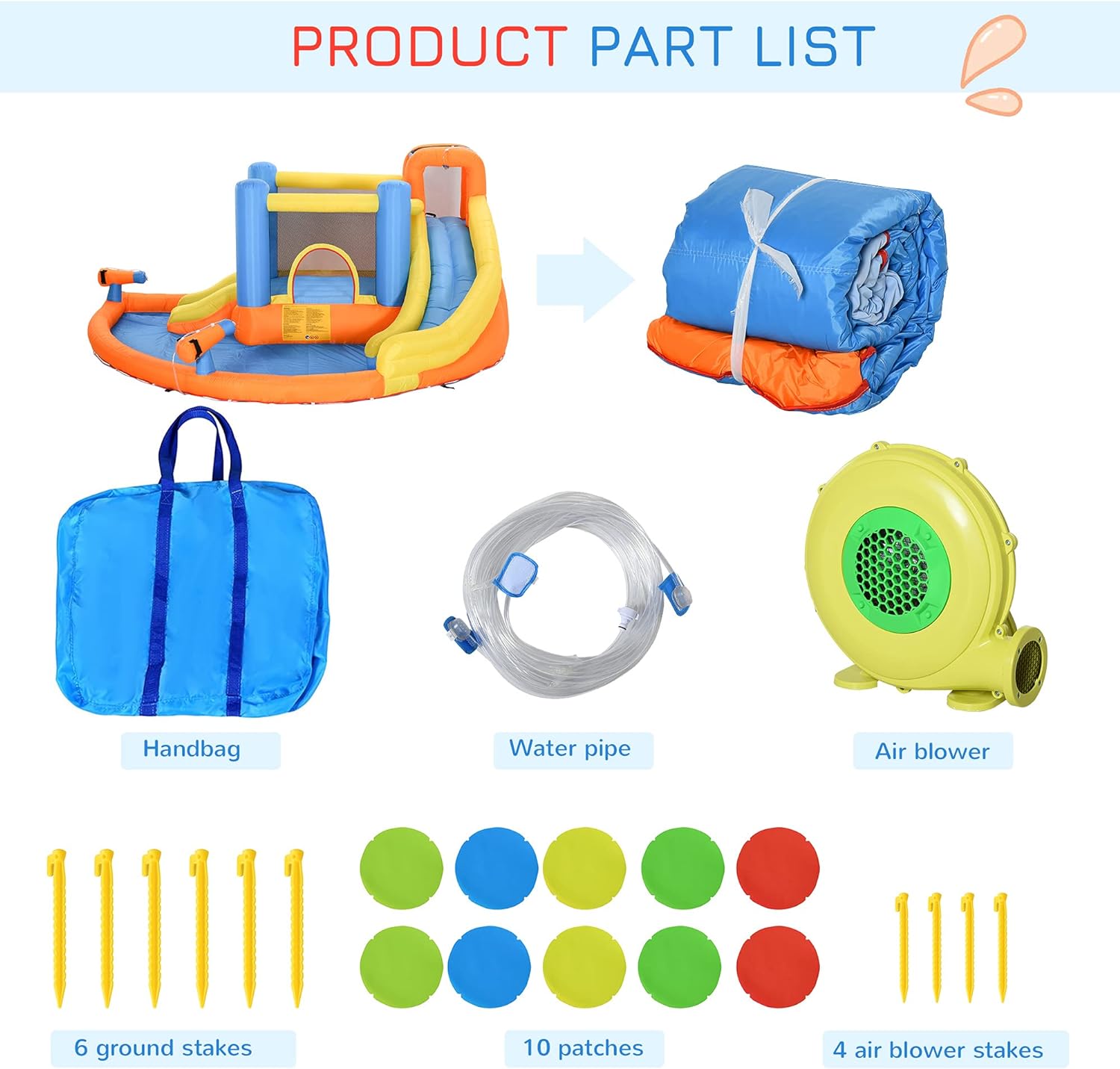 Tobogán de Agua Inflable para Niños 5 en 1 con Castillos Inflables, Piscina de Agua, Tobogán, Paredes para Escalar y 2 Cáñones de Agua, Soplador de Aire de 450W