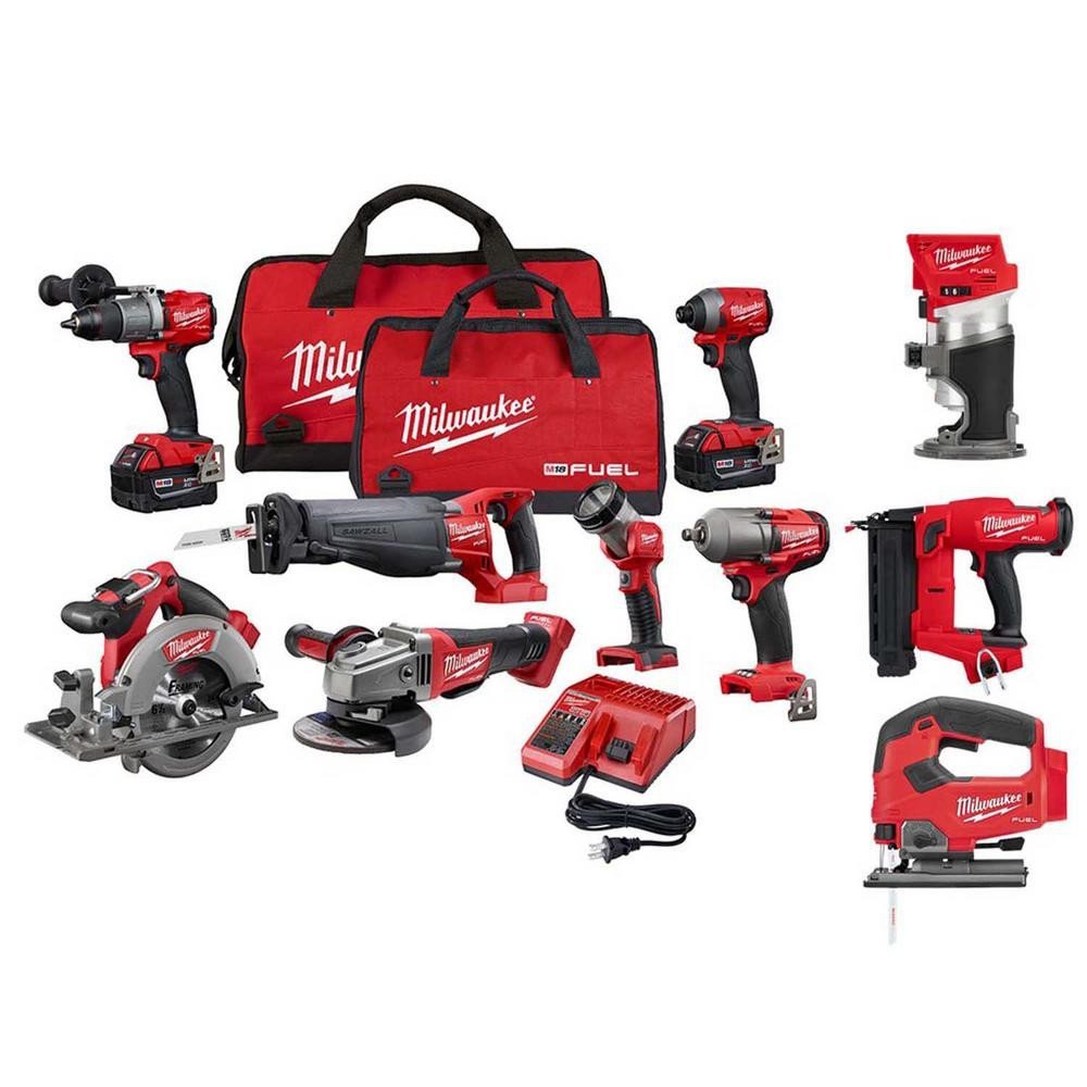 2025 Kit combinado inalámbrico Milwaukee M18 FUEL de 18 V sin escobillas (10 herramientas) con (2) baterías de 5,0 Ah, (1) cargador y (2) bolsas para herramientas