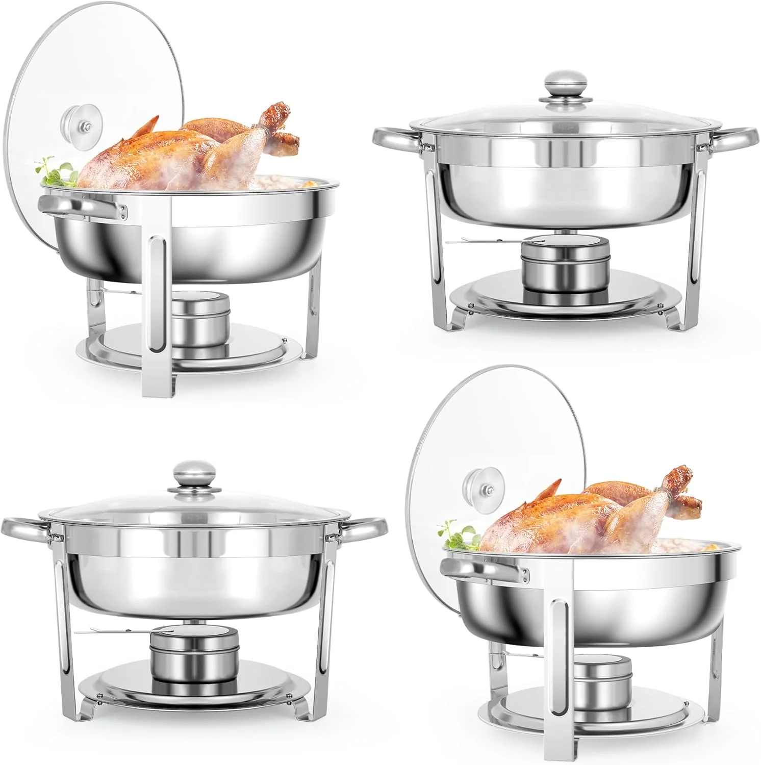 Juego de 4 calentadores redondos de 5 QT de acero inoxidable premium – Set completo para buffet con calefacción y enfriamiento, ideal para recepciones, banquetes, buffets, fiestas y bodas