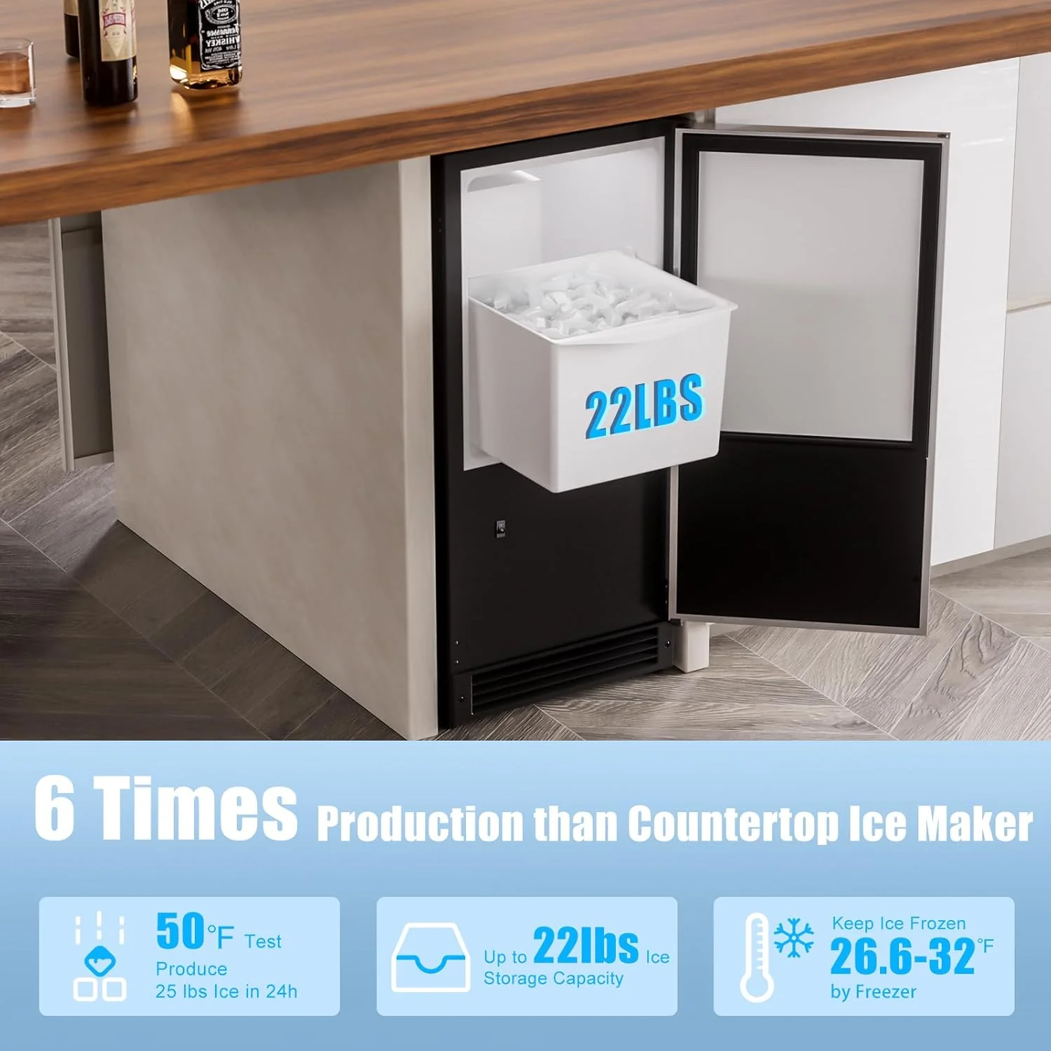 2025 COTLIN Máquina de Hielo Empotrable Sin Drenaje – Capacidad de 22 lb, Hielo en Forma de Media Luna, Acero Inoxidable, Uso Doméstico o Comercial, Certificada ETL