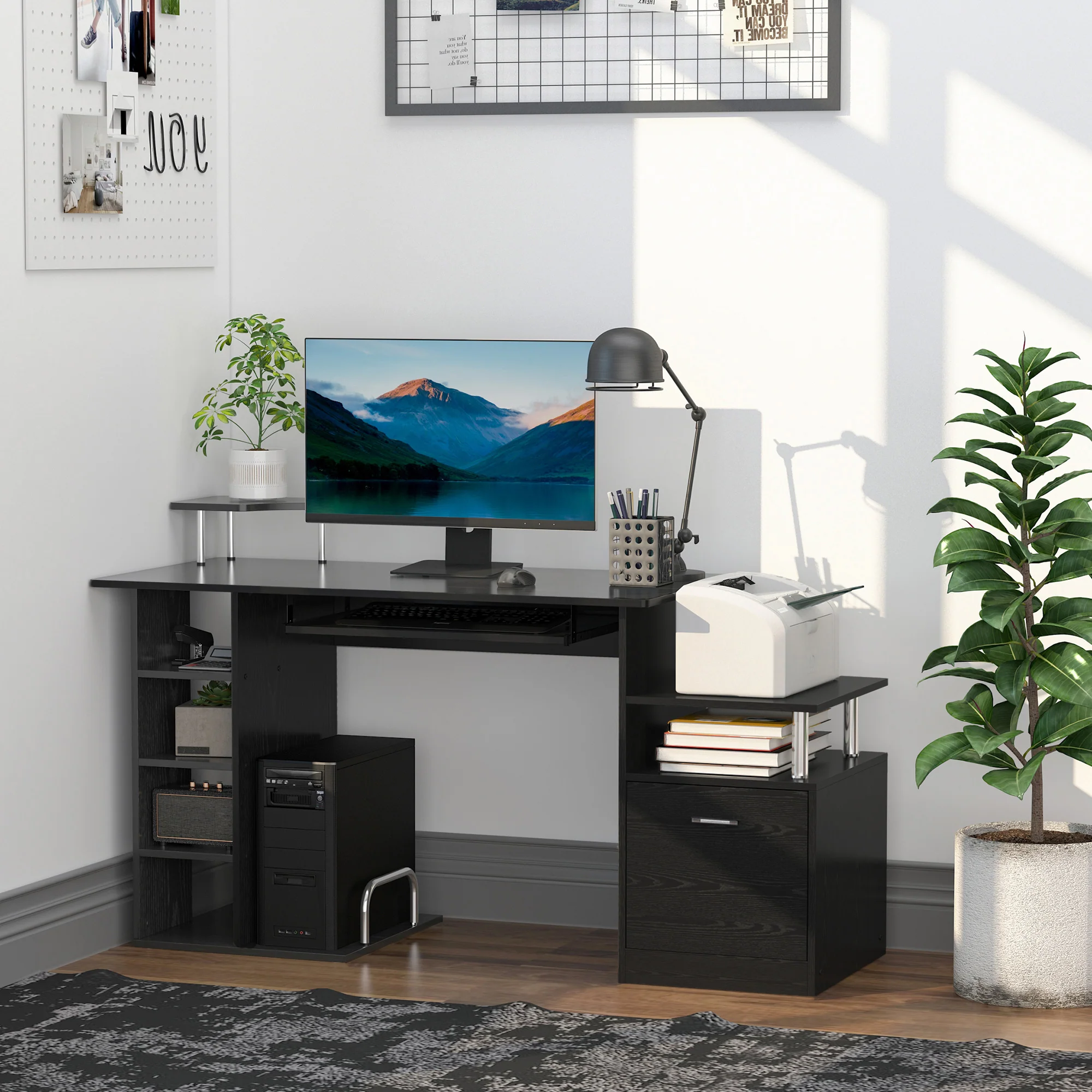 Estación de Trabajo para Ordenador con Cajón y Estanterías, Soporte para CPU, Escritorio para Oficina en Casa, Negro