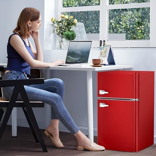 2025 Refrigerador compacto Antarctic Star con congelador separado, mini nevera de doble puerta, estantes ajustables y desmontables, estilo retro de acero inoxidable, para sala/cocina/dormitorio/oficina, 3,2 pies³, verde