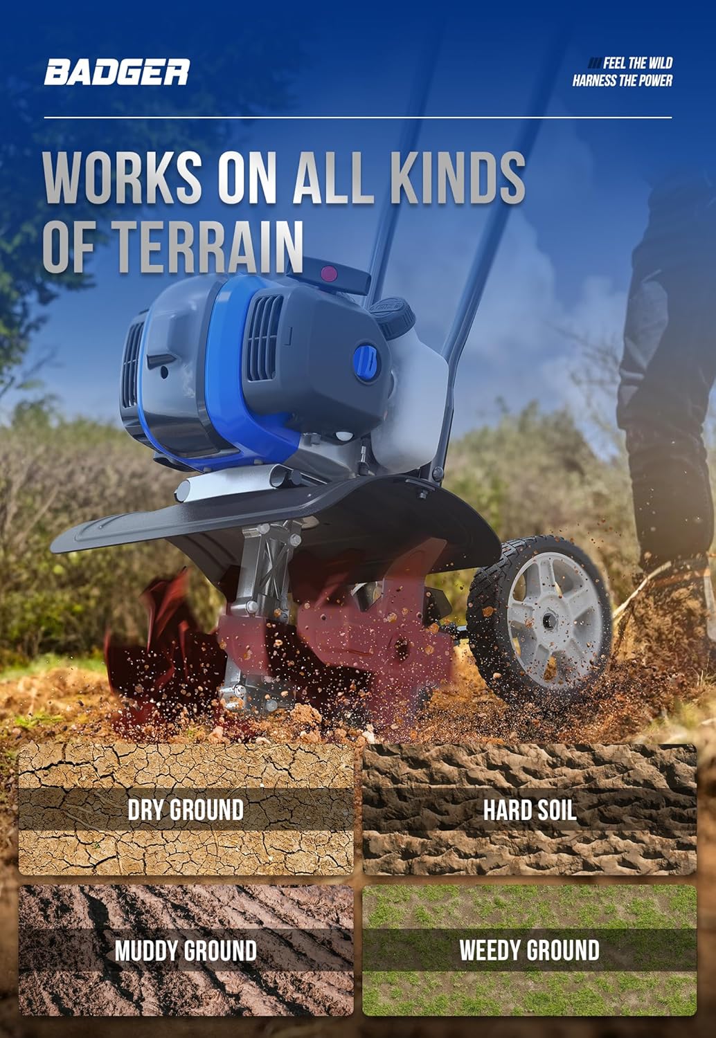 Cultivador de Jardín de 53cc – Mini Cultivador de 15 Pulgadas con Palanca Reforzada Desmontable, Herramienta de Labranza para Céspedes, Jardines y Campos