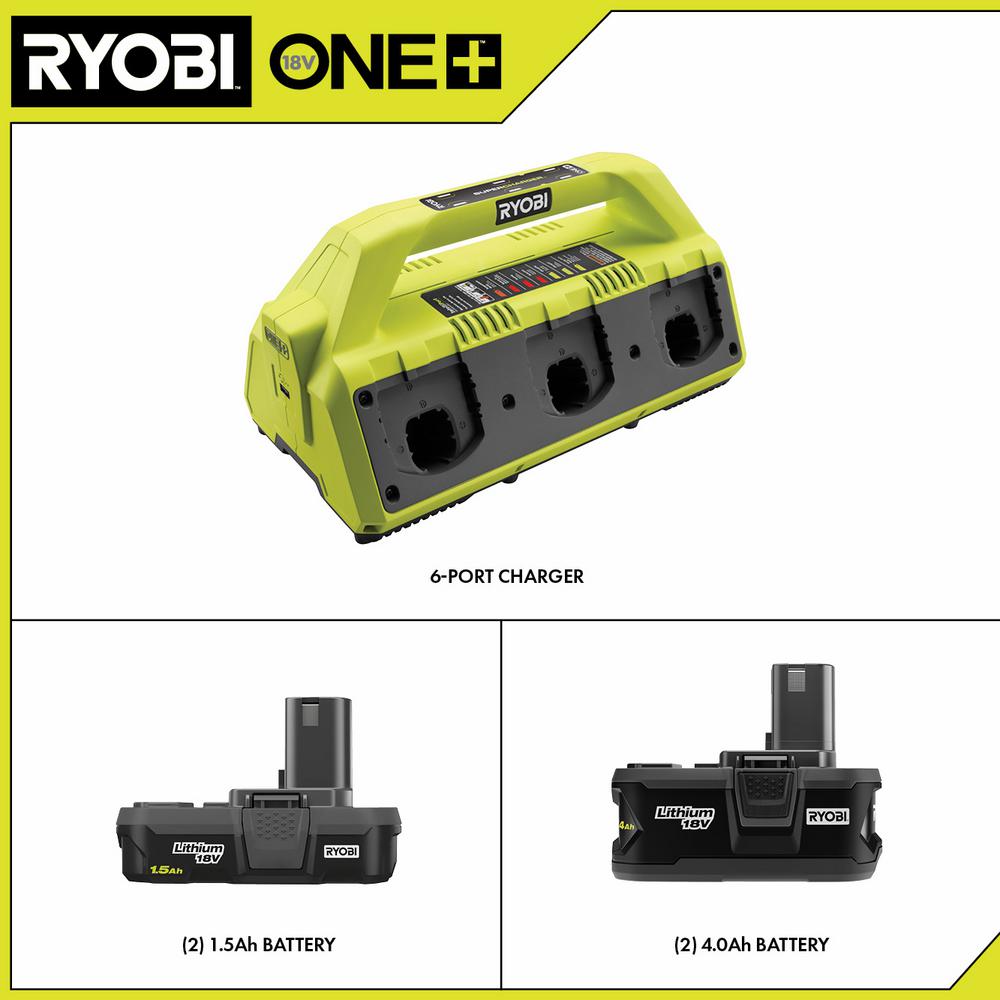 2025 RYOBI ONE+ Kit de Súper Cargador de 18V con (2) Baterías de 1.5 Ah y (2) Baterías de 4.0 Ah