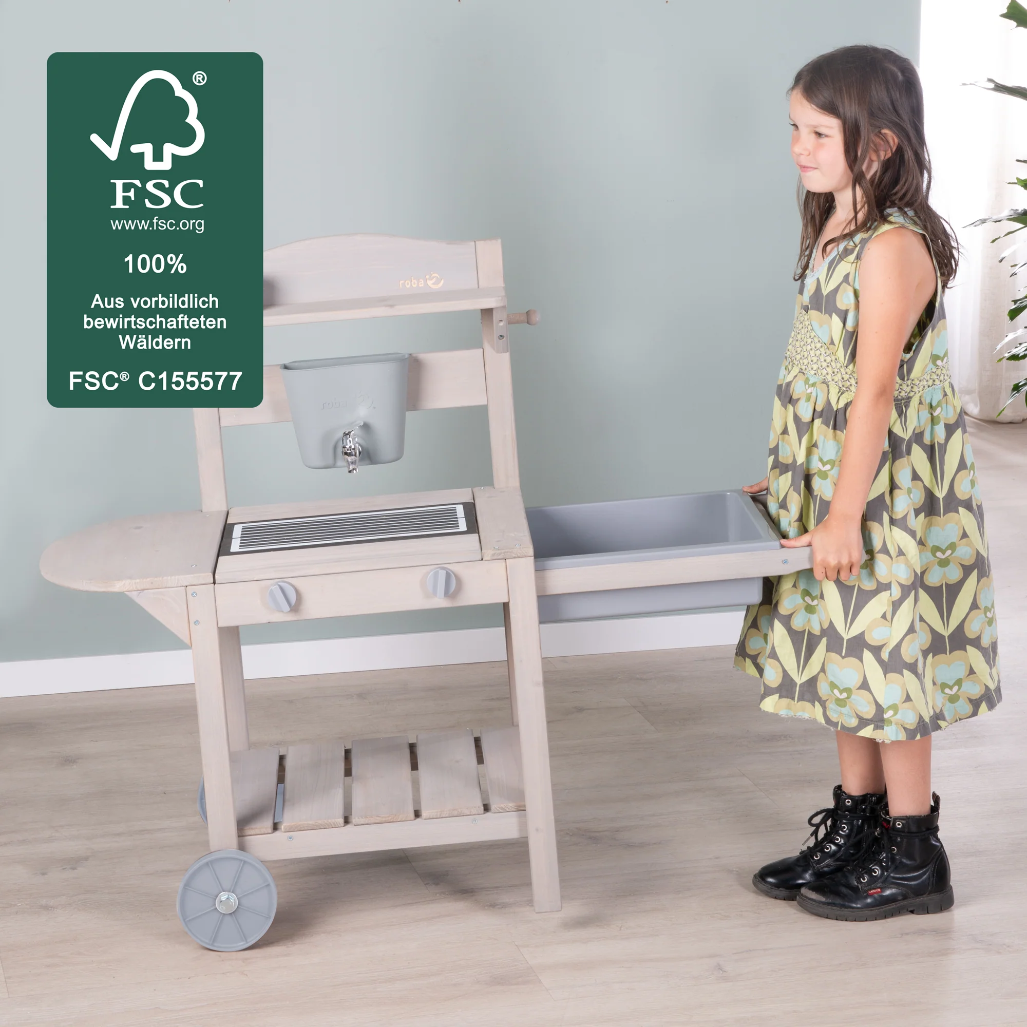 Cocina móvil de juego y barro con BBQ para niños - Madera certificada FSC - Acabado en gris grabado