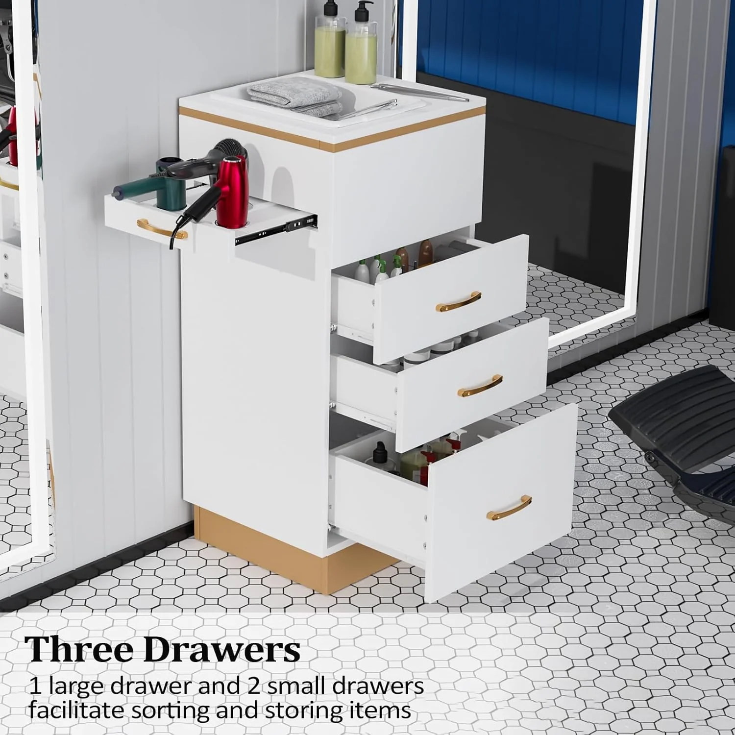 OmySalon Estación de Almacenamiento para Salones – Mueble de Peluquería con 3 Cajones, Compartimento de Almacenamiento y 3 Soportes para Secadores – Color Oro Blanco