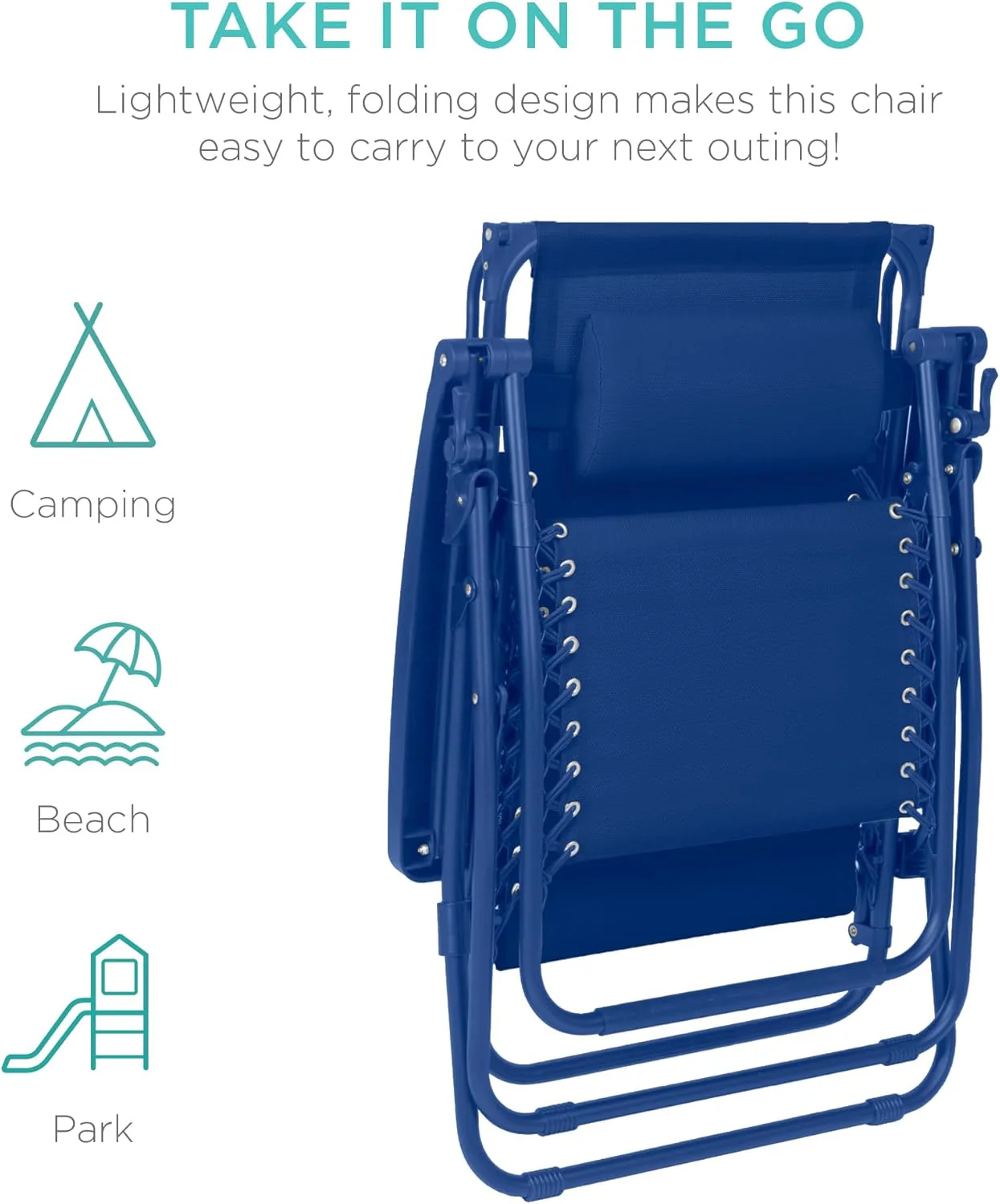 Best Choice Products – Silla Reclinable de Patio con Gravedad Cero, Ajustable y Plegable para Exteriores con Dosel, Almohada Cervical y Bandeja Lateral, Textileno – Azul Pavo Real