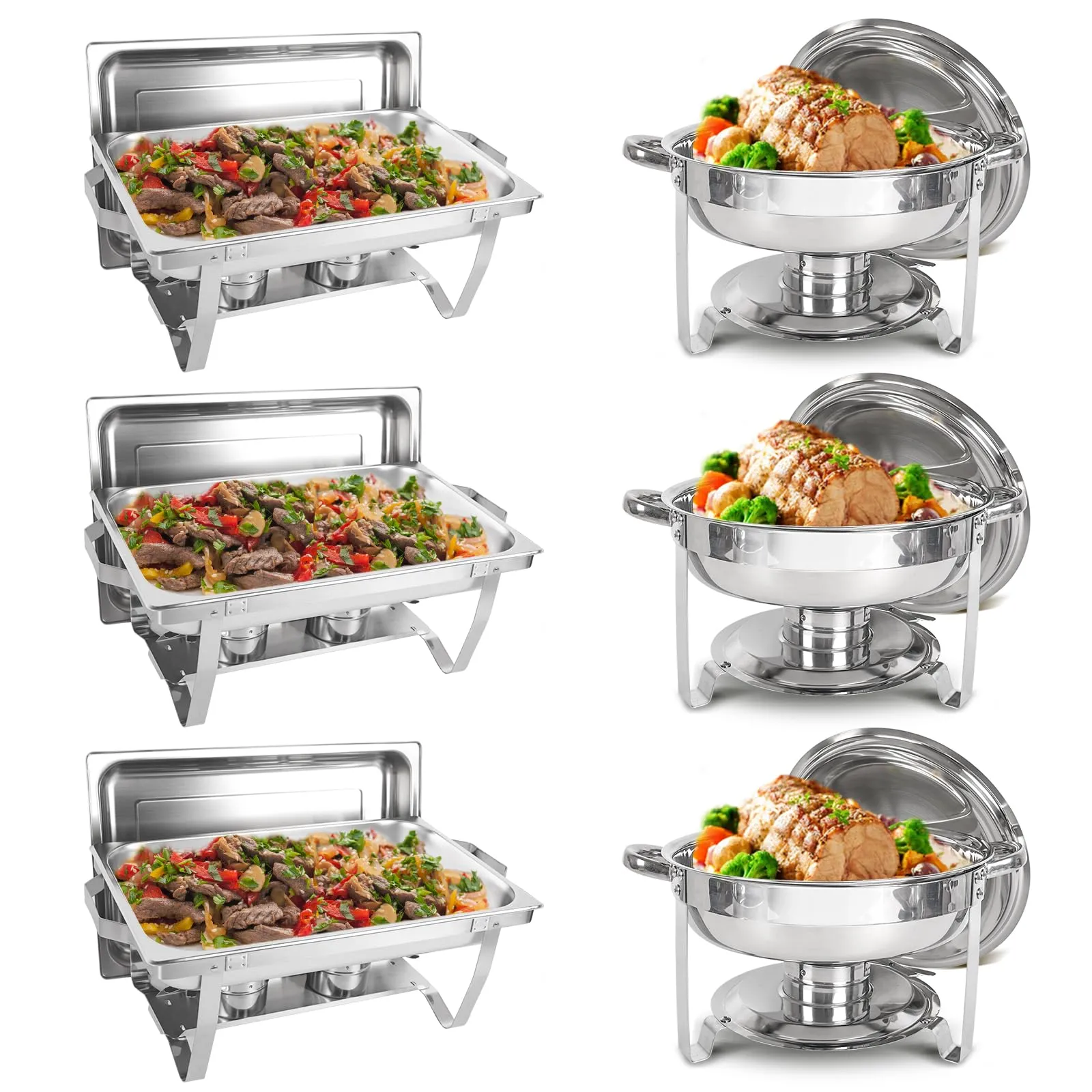 Juego de Chafing Dishes para Buffet de 6 Piezas, Chafers de Acero Inoxidable Redondos de 5QT y Rectangulares de 8QT