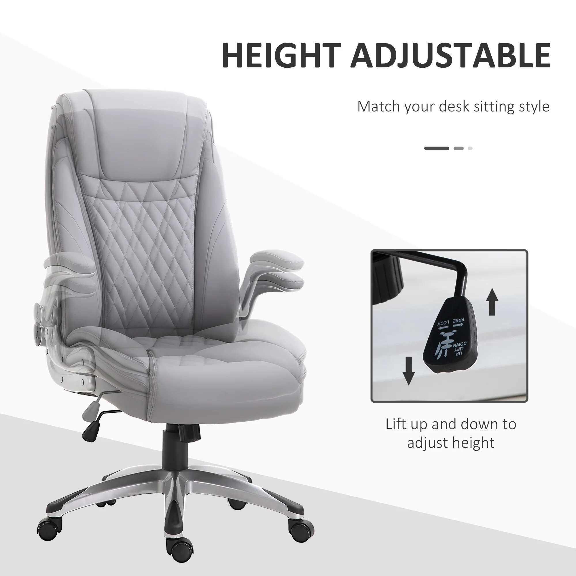 2025 Silla de Oficina de Cuero PU con Reposabrazos Abatibles, Altura Ajustable y Ruedas Giratorias, Gris