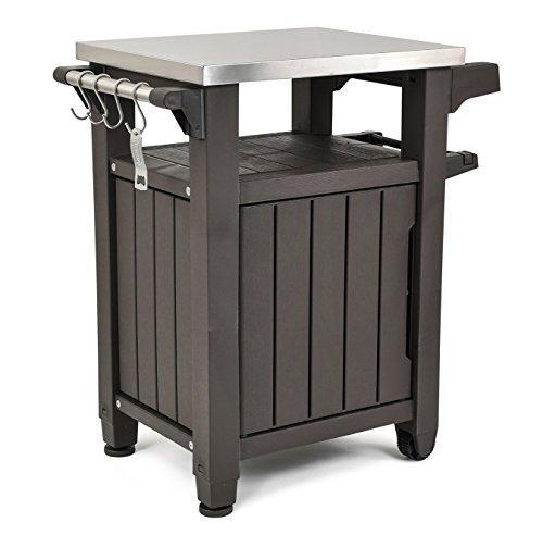 Keter Unity Mesa Portátil para Exterior y Gabinete de Almacenamiento con Ganchos para Accesorios de Parrilla - Superficie de Acero Inoxidable para Isla de Cocina o Carro de Bar en Patio, Marrón Espresso