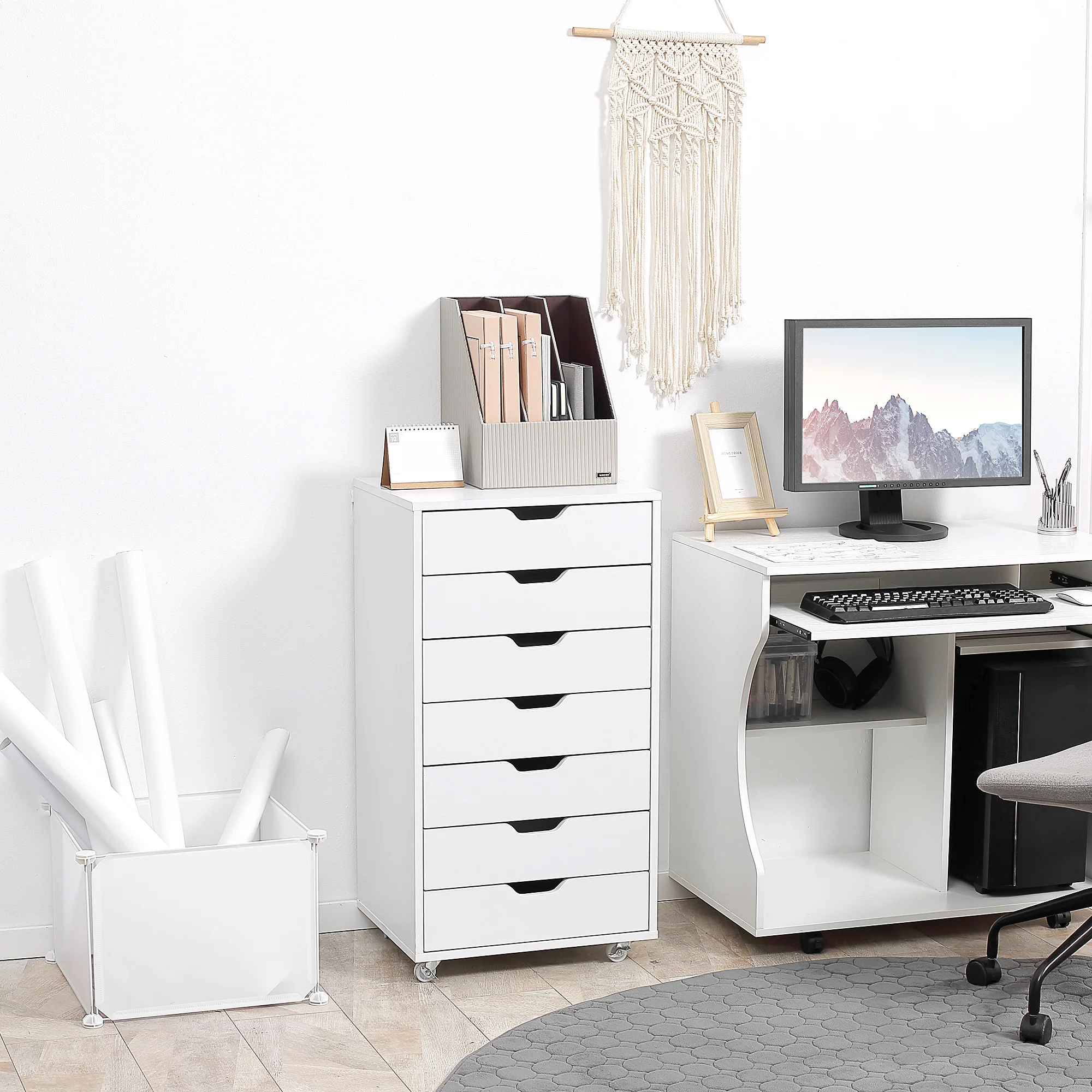 Cajonera Vertical de 7 Cajones, Mueble de Oficina Móvil con Ruedas, Blanco