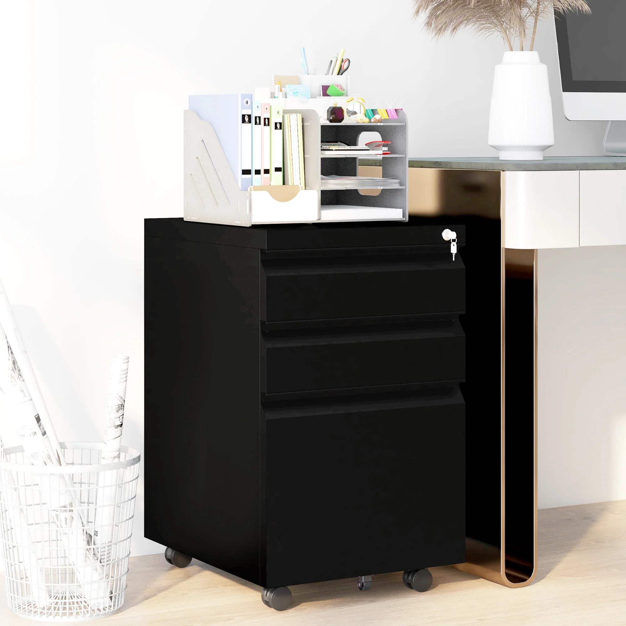 Cajonera Móvil de 3 Cajones, Cajones de Acero con Cerradura para Debajo del Escritorio, 37 x 43,5 x 60 cm, Negro