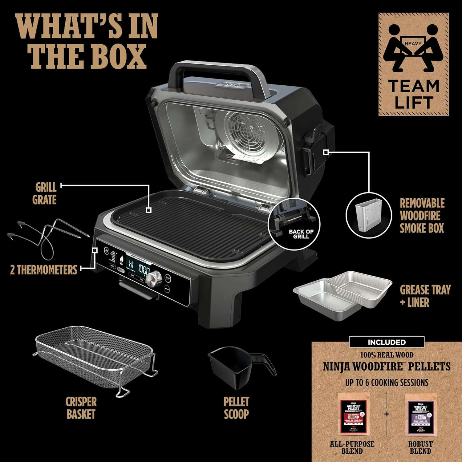 2025 Parrilla y ahumador exterior Ninja Woodfire Pro XL, termómetro, master grill 4 en 1, barbacoa ahumador, freidora de aire exterior, horno, portátil, parrilla eléctrica, gris oscuro, modelo OG850