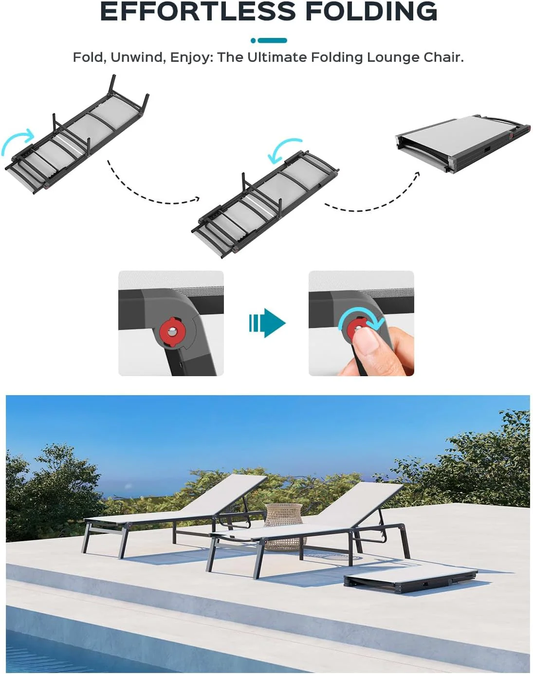 Tumbona de Aluminio para Exterior – Silla de Jardín Plegable sin Montaje, con Respaldo Ajustable en 5 Posiciones, para Terraza, Piscina, Playa – Negra