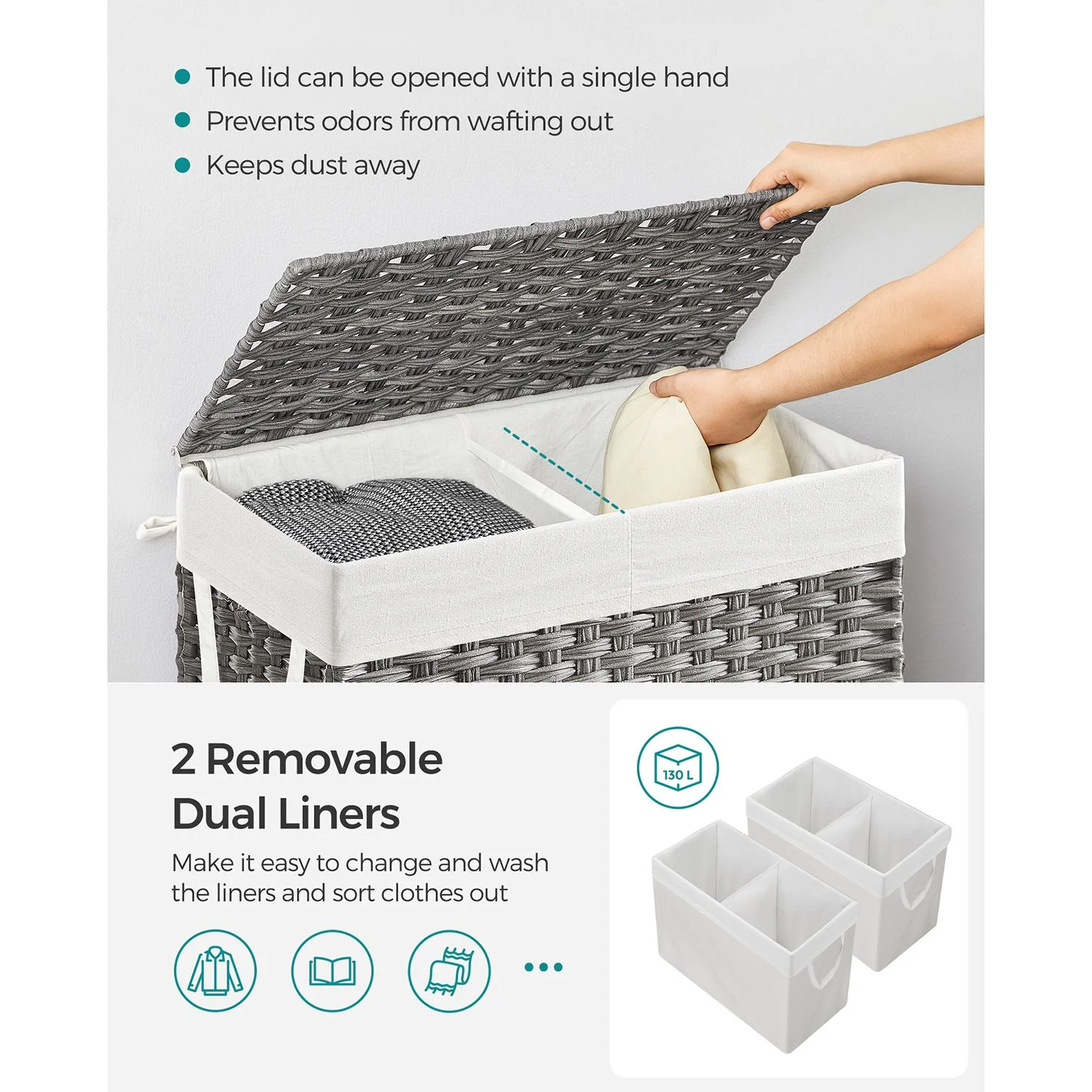 2025 Cesto de ropa 130 litros con bolsas removibles