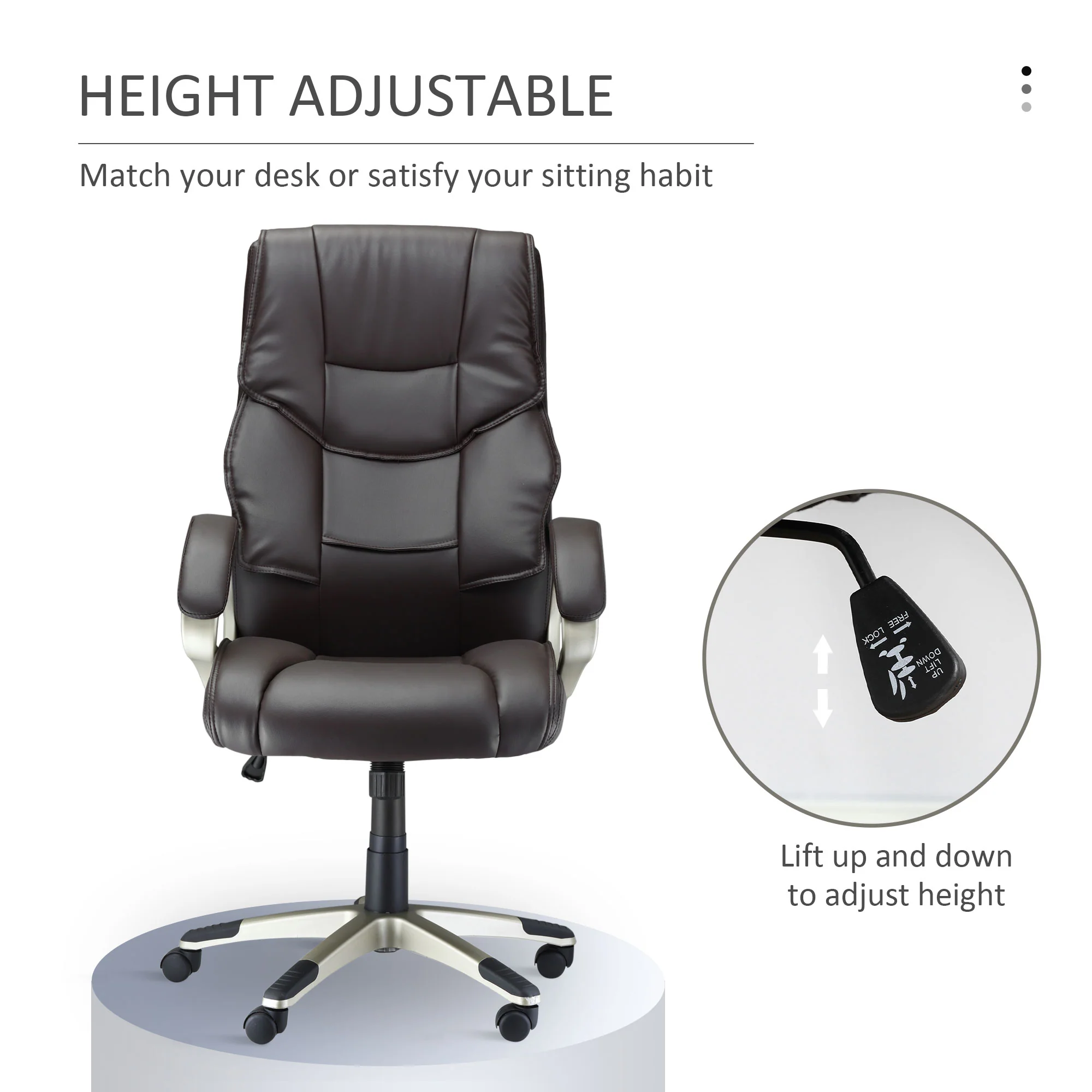 Silla de Oficina con Respaldo Alto, Sillón Giratorio de Cuero Sintético con Altura Ajustable, Marrón