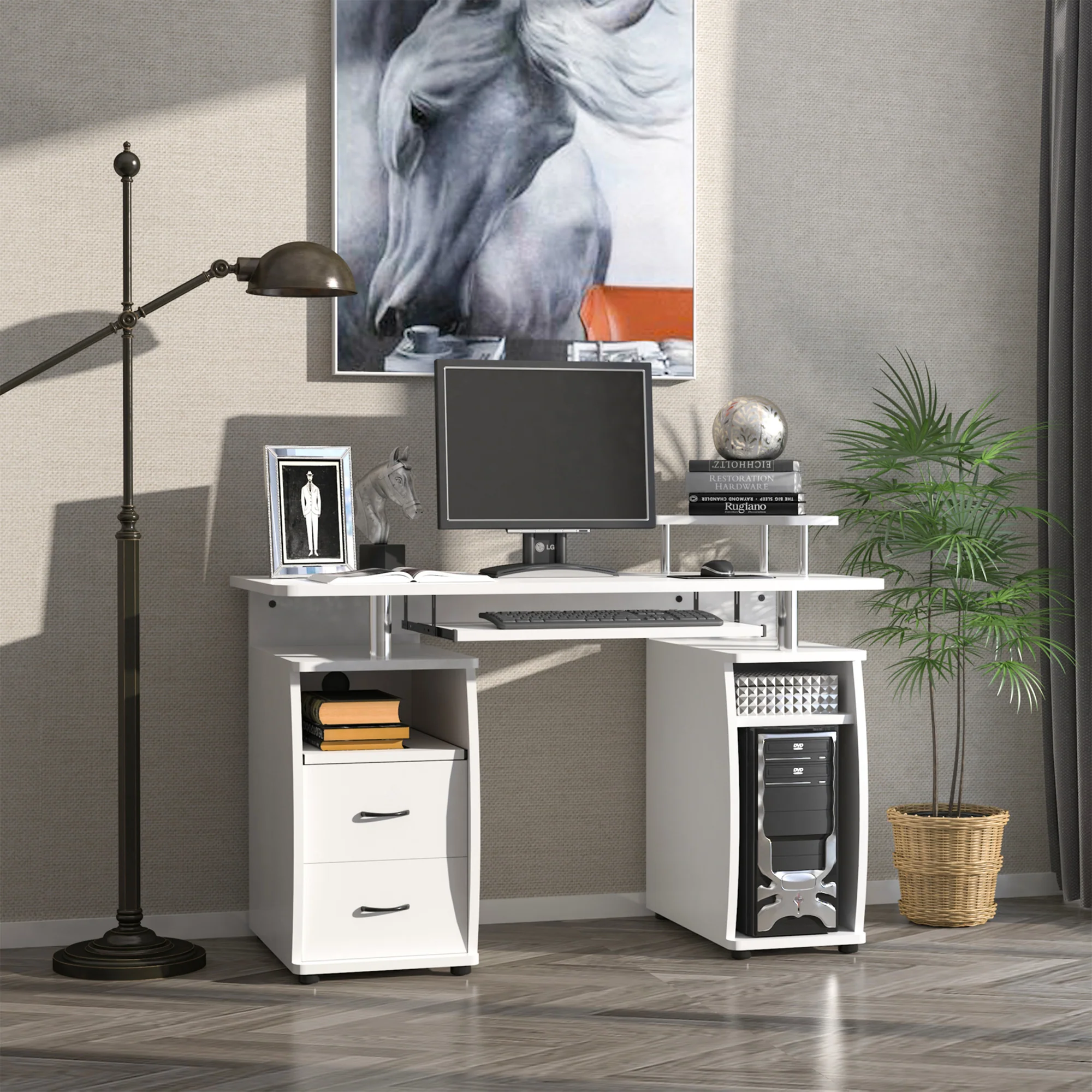 Escritorio de Ordenador para Oficina – Mesa de PC con Cajón para Teclado, Estante Deslizante para Escáner, Blanco