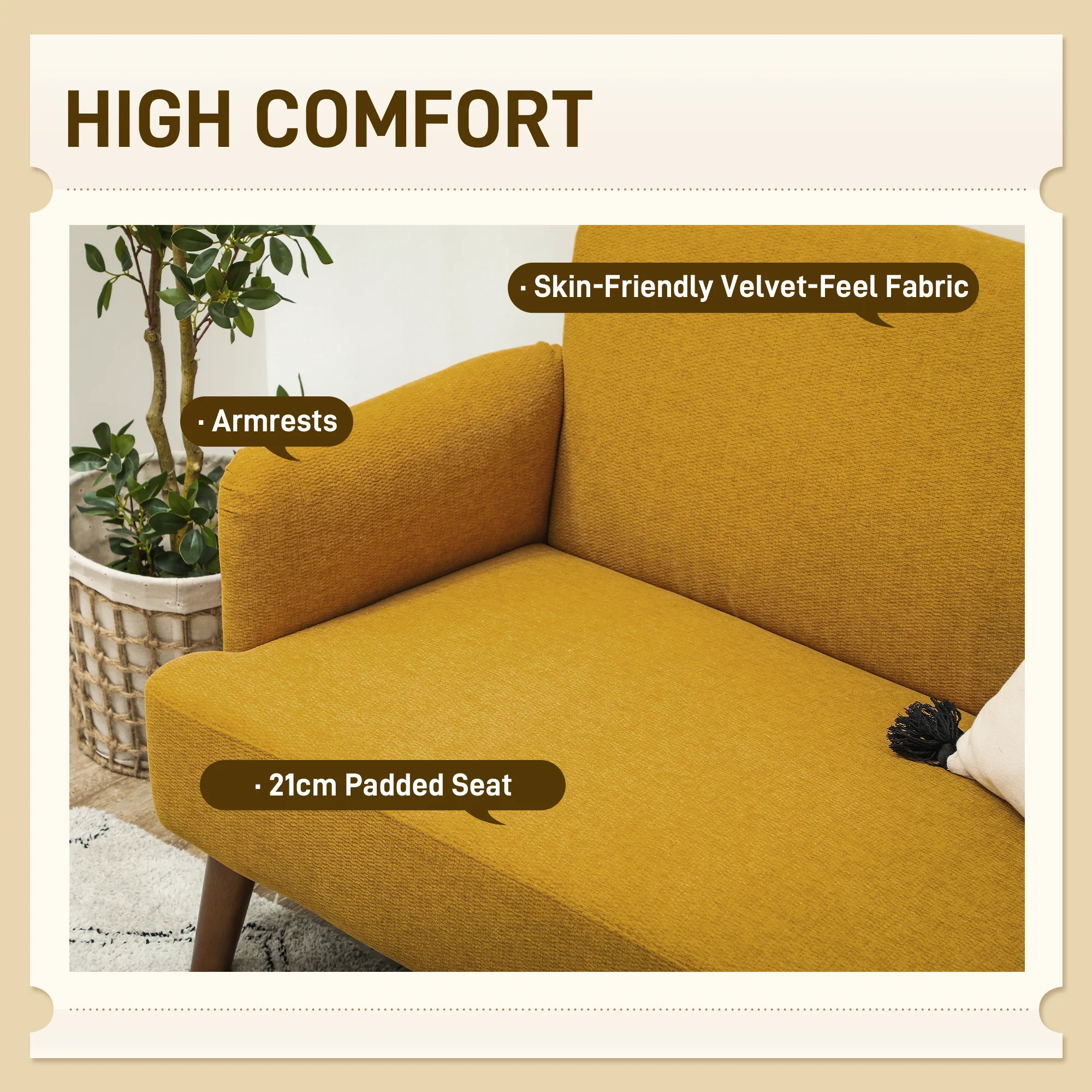 Sofá de 2 plazas en terciopelo, acolchado grueso de 21 cm y patas de madera, color amarillo