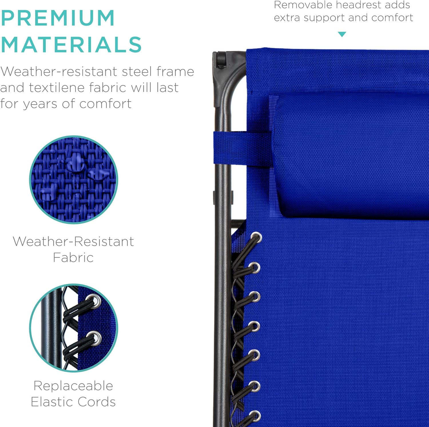 Best Choice Products – Silla Reclinable de Patio con Gravedad Cero, Ajustable y Plegable para Exteriores con Dosel, Almohada Cervical y Bandeja Lateral, Textileno – Azul Pavo Real