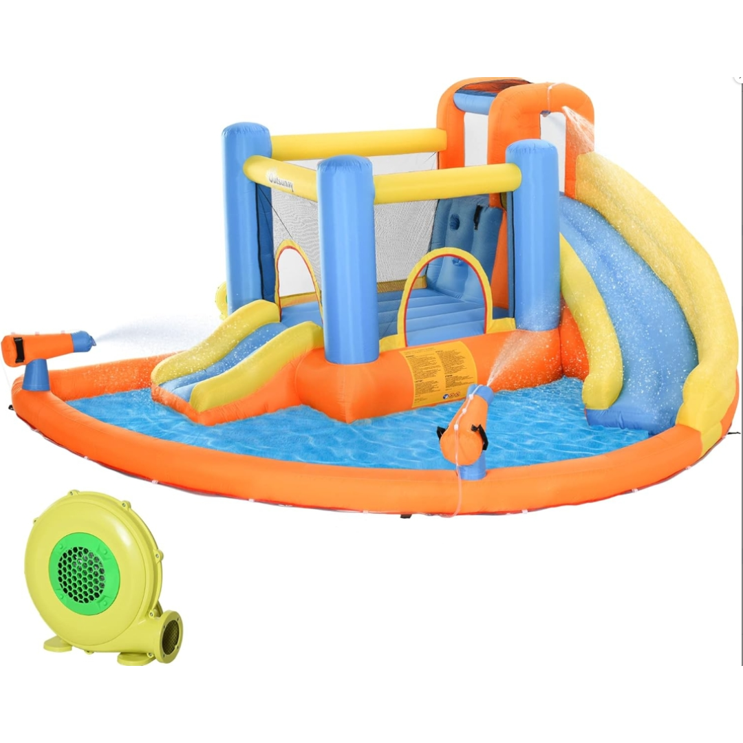 Tobogán de Agua Inflable para Niños 5 en 1 con Castillos Inflables, Piscina de Agua, Tobogán, Paredes para Escalar y 2 Cáñones de Agua, Soplador de Aire de 450W