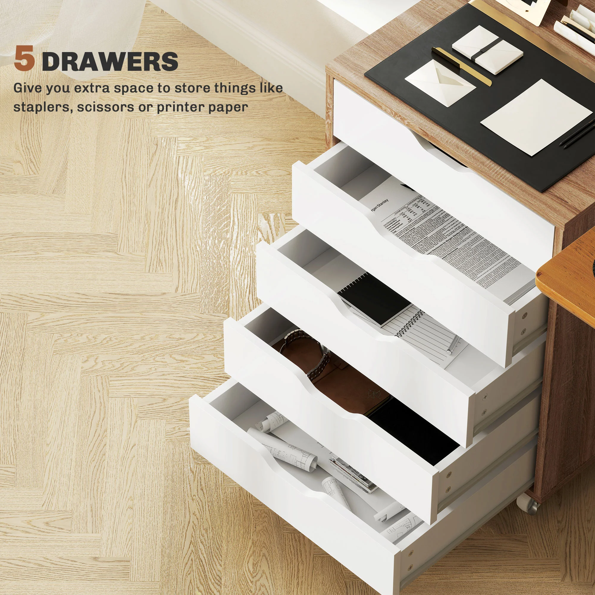 Cajonera Vertical de 5 Cajones, Mueble de Oficina Móvil con Ruedas, Roble