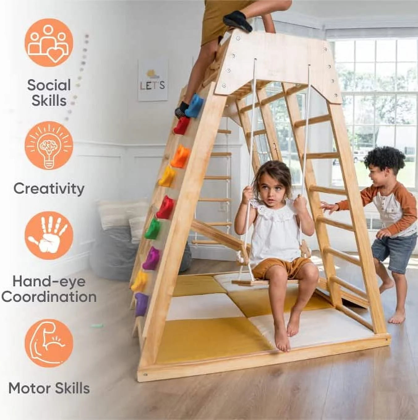 Avenlur Magnolia Parque Infantil Interior Gimnasio Jungle 6 en 1 Estilo Montessori Waldorf Juego de Escalada de Madera con Tobogán, Pared de Escalada, Escalera de Cuerda, Barras de Mono y Columpio para Niños de 2 a 6 años