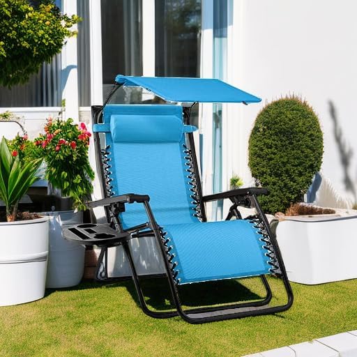 Best Choice Products – Silla Reclinable de Patio con Gravedad Cero, Ajustable y Plegable para Exteriores con Dosel, Almohada Cervical y Bandeja Lateral, Textileno – Azul Pavo Real